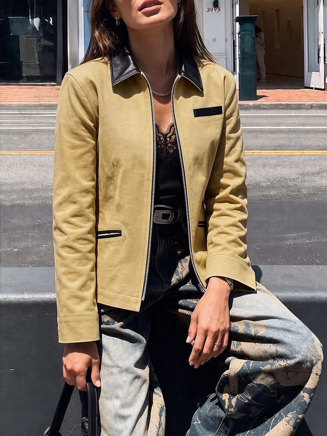 image:imageCicy Bell Womens Cropped Barn Jackets Long Sleeve Zip Up Collared CoatKhaki