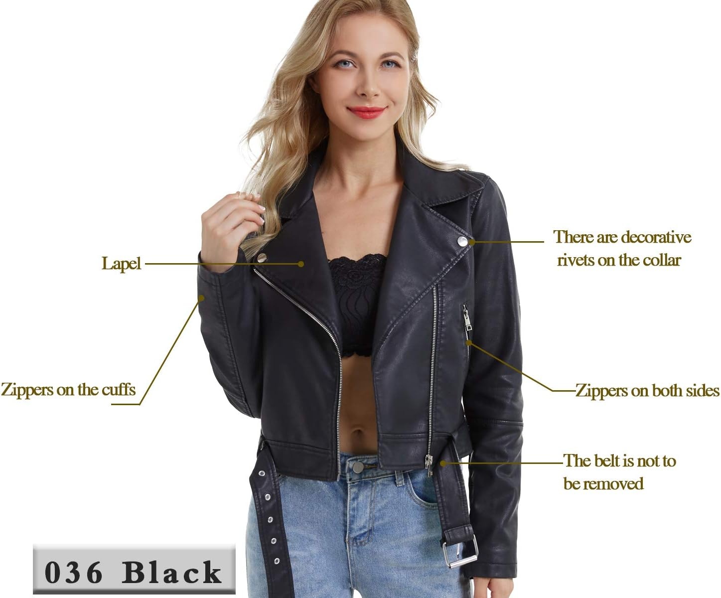 image:imageDIASHINY Women Faux Leather Jacket Slim Belted PU Moto Coat036 Black