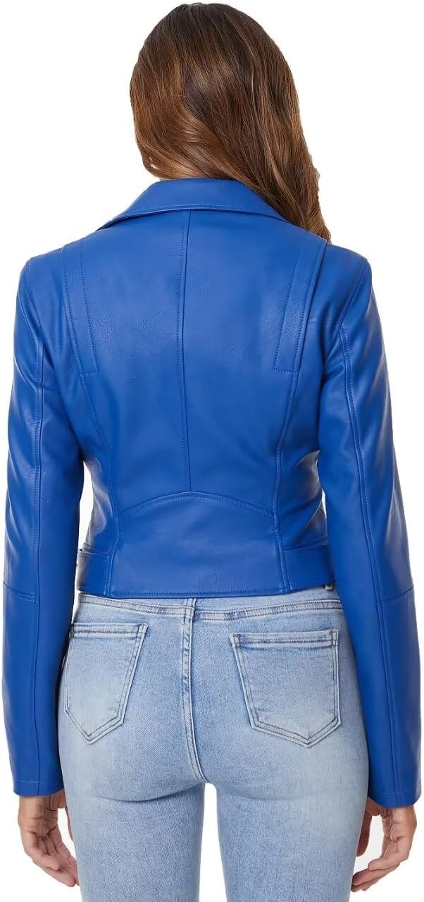 image:imageDIASHINY Women Faux Leather Jacket Slim Belted PU Moto Coat036 Blue