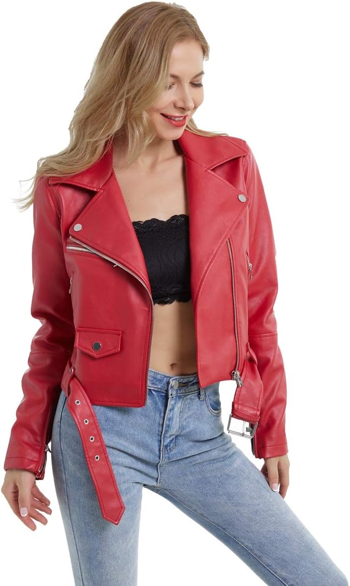 image:imageDIASHINY Women Faux Leather Jacket Slim Belted PU Moto Coat036 Red