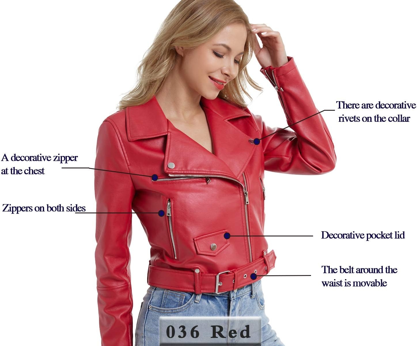 image:imageDIASHINY Women Faux Leather Jacket Slim Belted PU Moto Coat036 Red