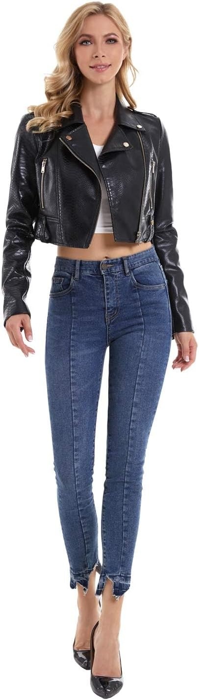 image:imageDIASHINY Women Faux Leather Jacket Slim Belted PU Moto Coat050 Black