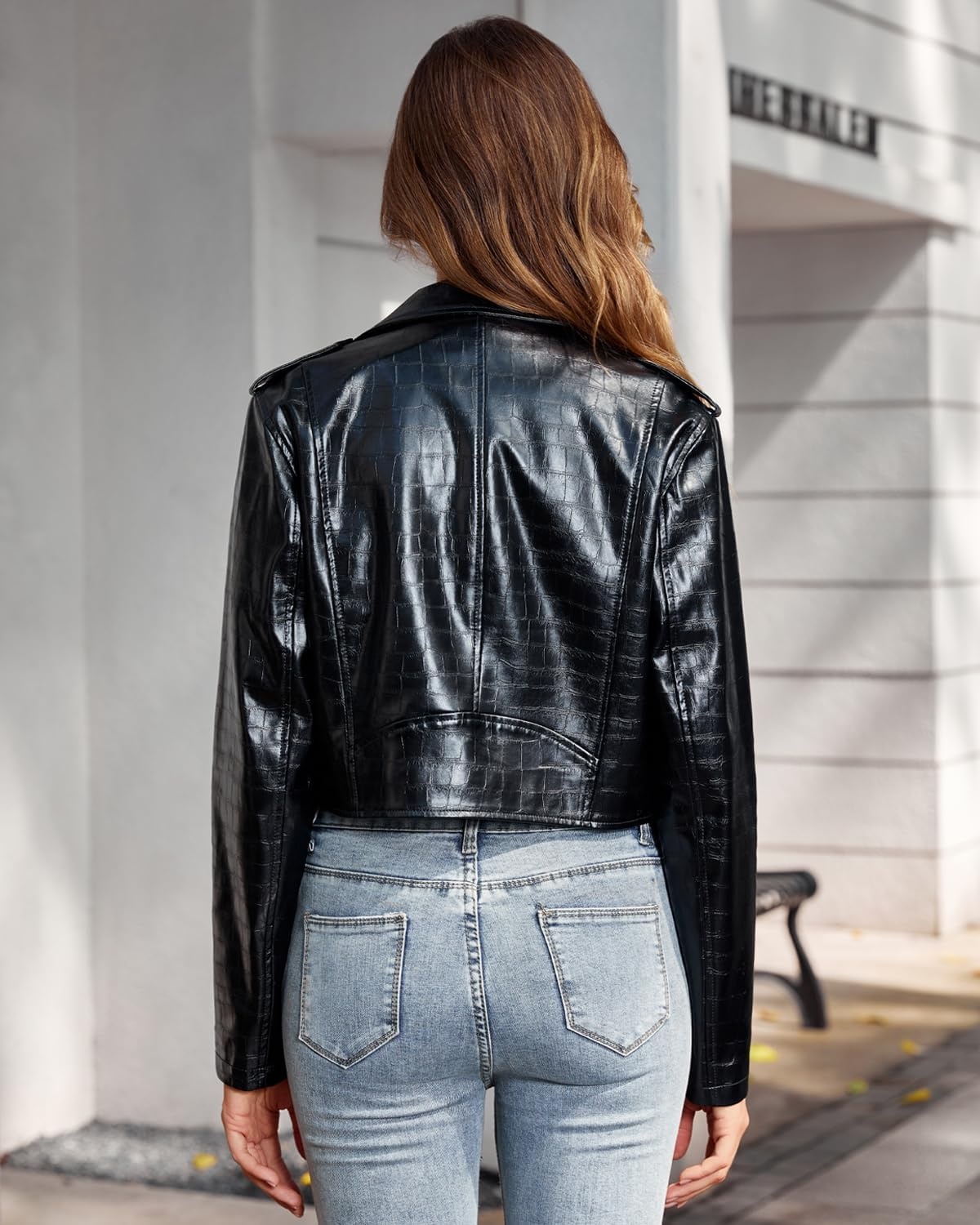 image:imageDIASHINY Women Faux Leather Jacket Slim Belted PU Moto Coat146 Black