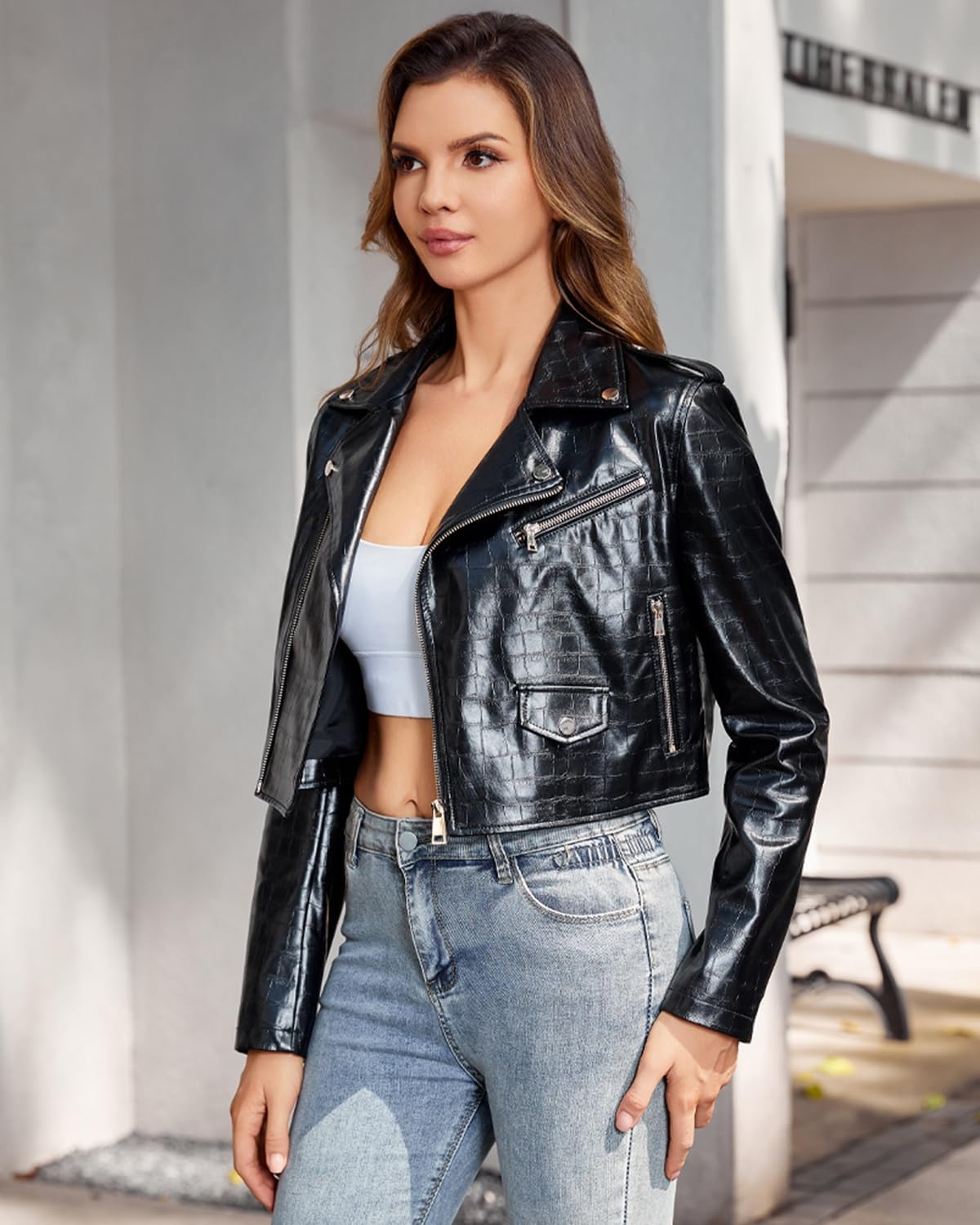 image:imageDIASHINY Women Faux Leather Jacket Slim Belted PU Moto Coat146 Black