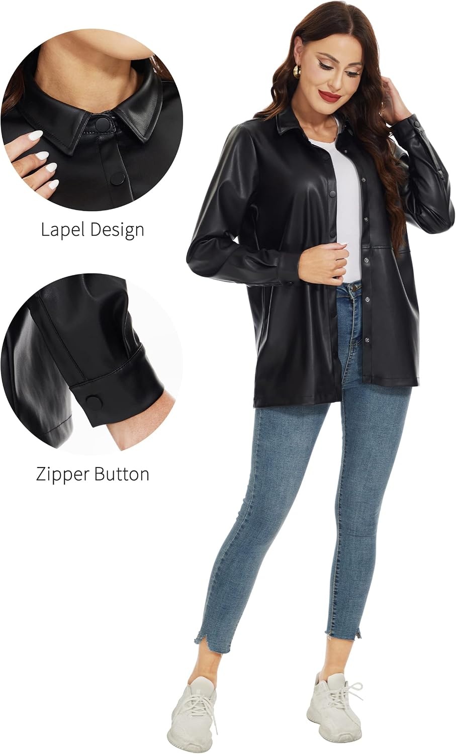 image:imageFahsyee Womens Faux Leather Shacket Loose Fit Shirts Moto Biker JacketBlacknm