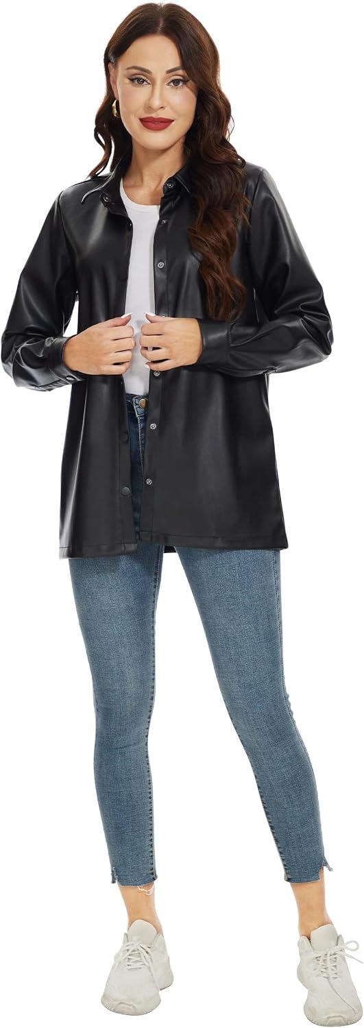 image:imageFahsyee Womens Faux Leather Shacket Loose Fit Shirts Moto Biker JacketBlacknm