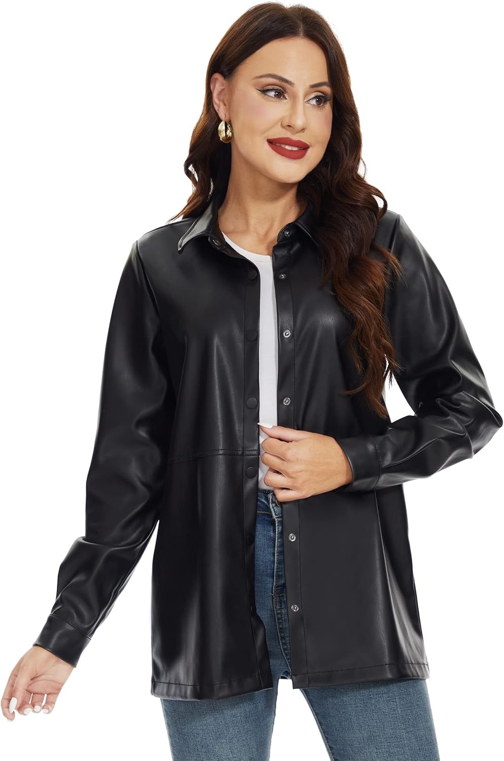 image:imageFahsyee Womens Faux Leather Shacket Loose Fit Shirts Moto Biker JacketBlacknm