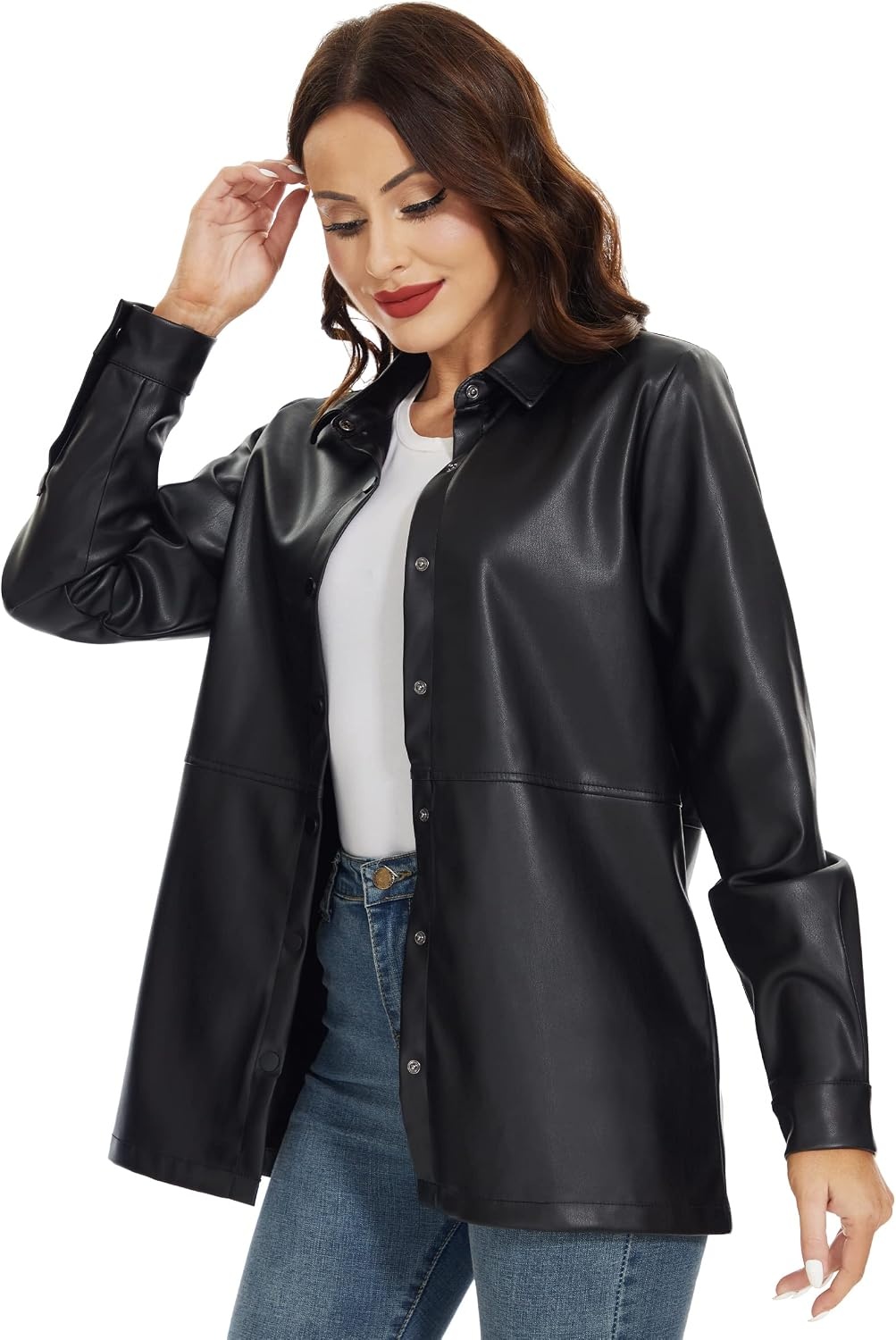 image:imageFahsyee Womens Faux Leather Shacket Loose Fit Shirts Moto Biker JacketBlacknm