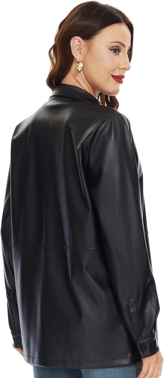 image:imageFahsyee Womens Faux Leather Shacket Loose Fit Shirts Moto Biker JacketBlacknm