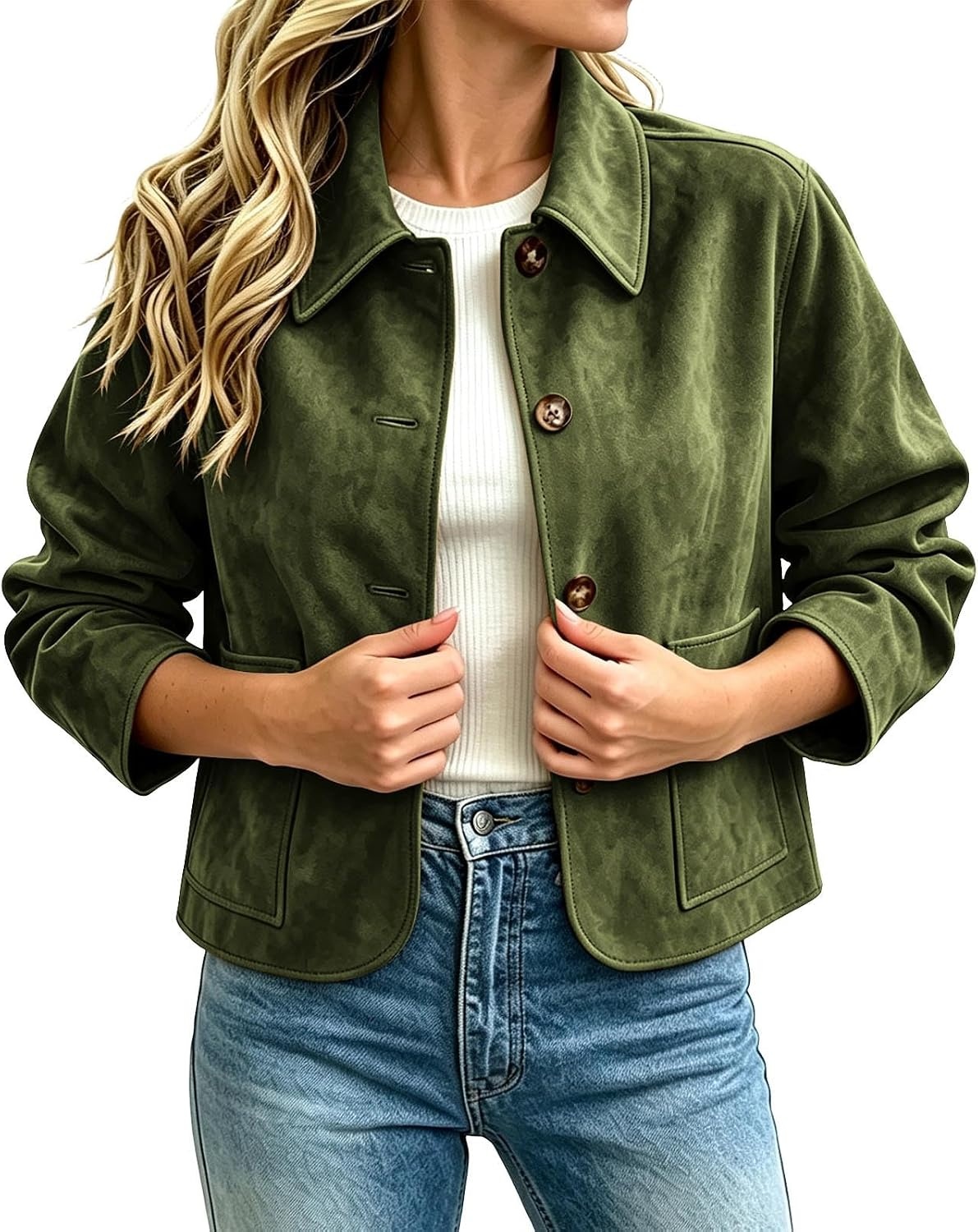 image:imageFall Jackets for Women 2026 Faux Suede Button Up Trendy Coat Dressy CasualArmy Green