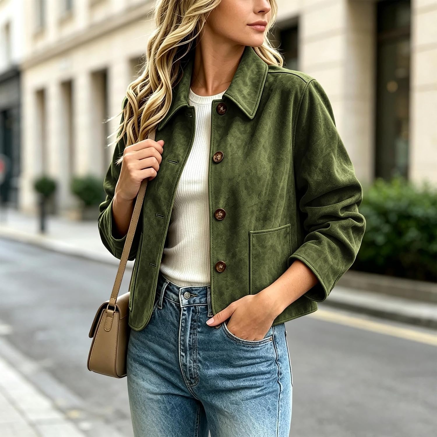 image:imageFall Jackets for Women 2026 Faux Suede Button Up Trendy Coat Dressy CasualArmy Green