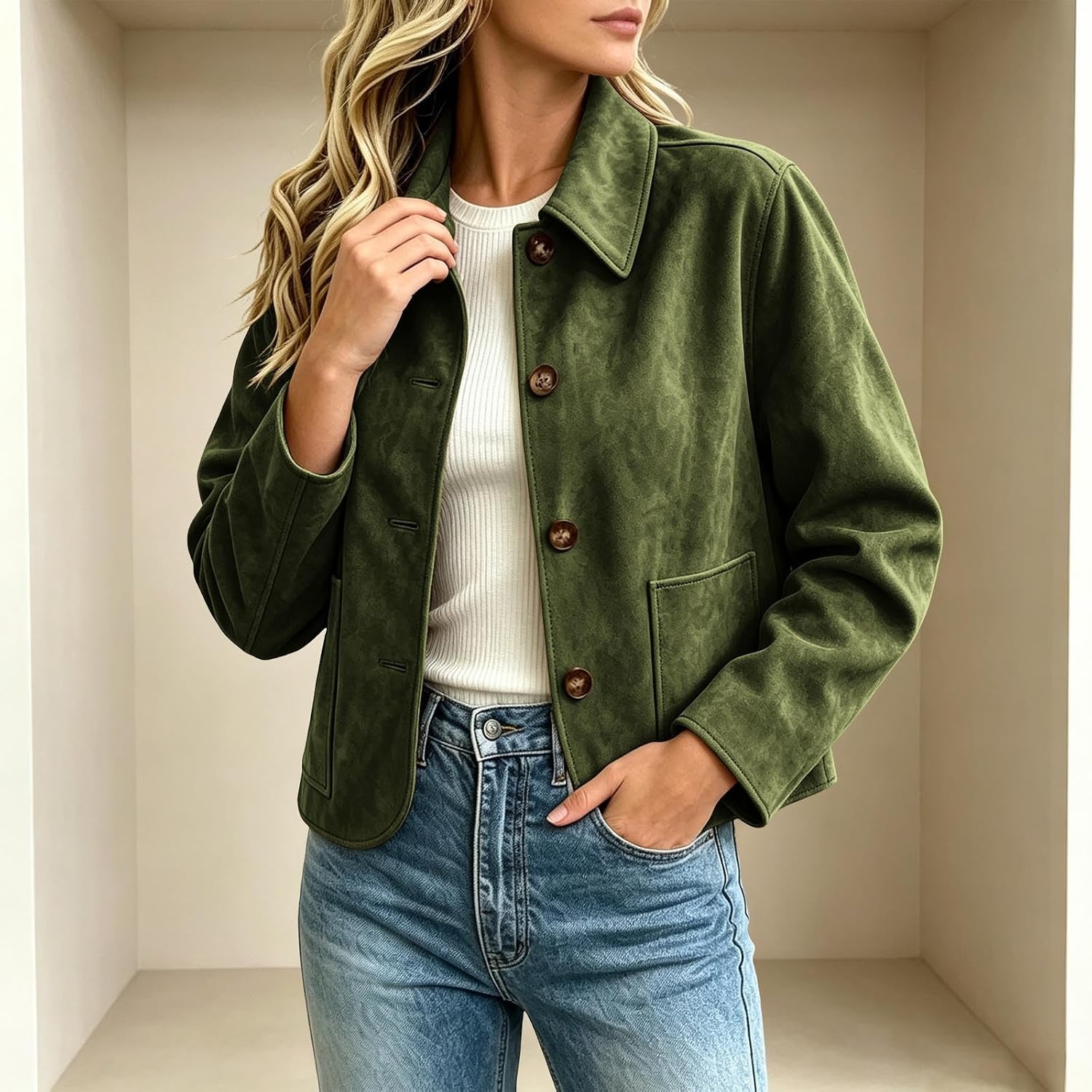 image:imageFall Jackets for Women 2026 Faux Suede Button Up Trendy Coat Dressy CasualArmy Green