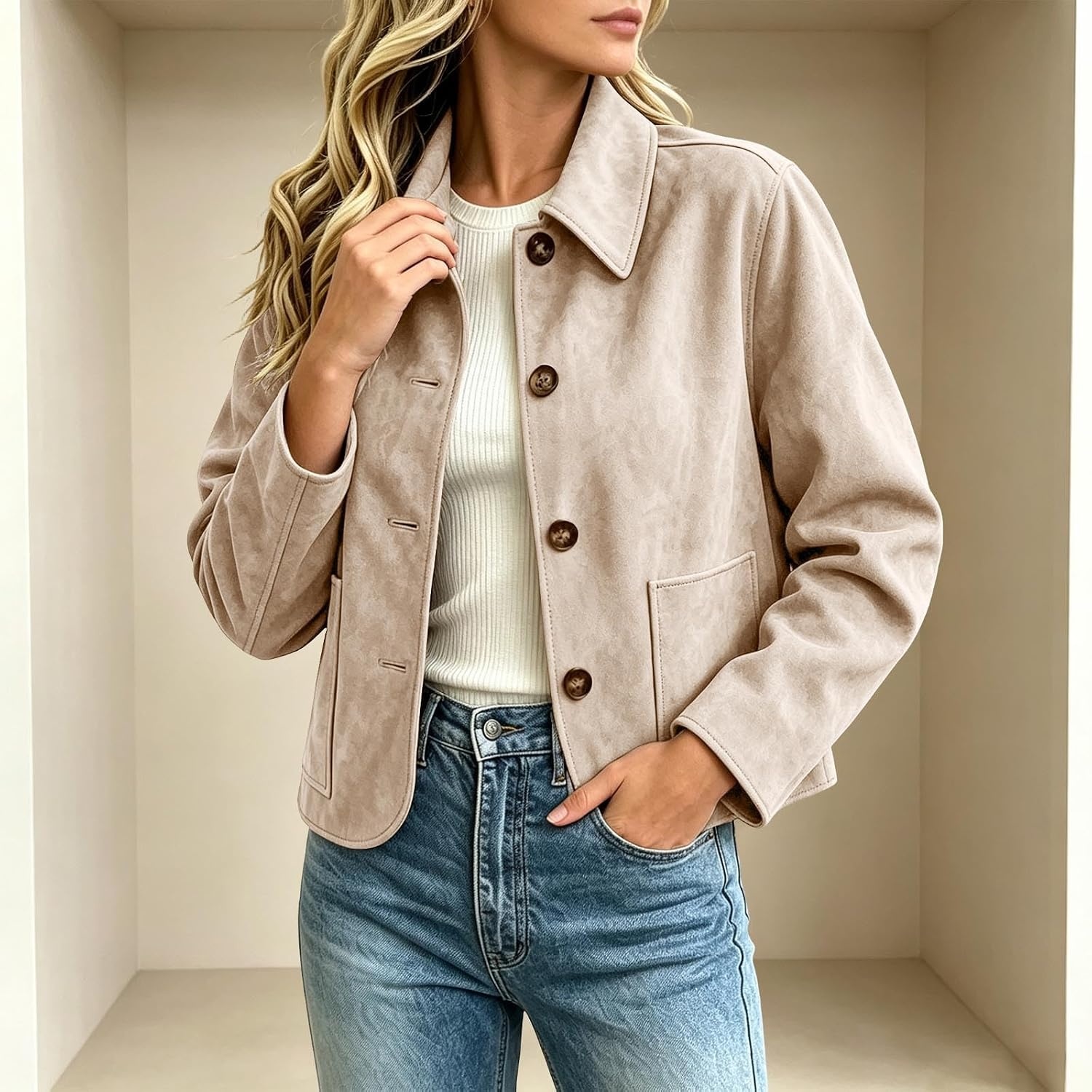image:imageFall Jackets for Women 2026 Faux Suede Button Up Trendy Coat Dressy CasualBeige