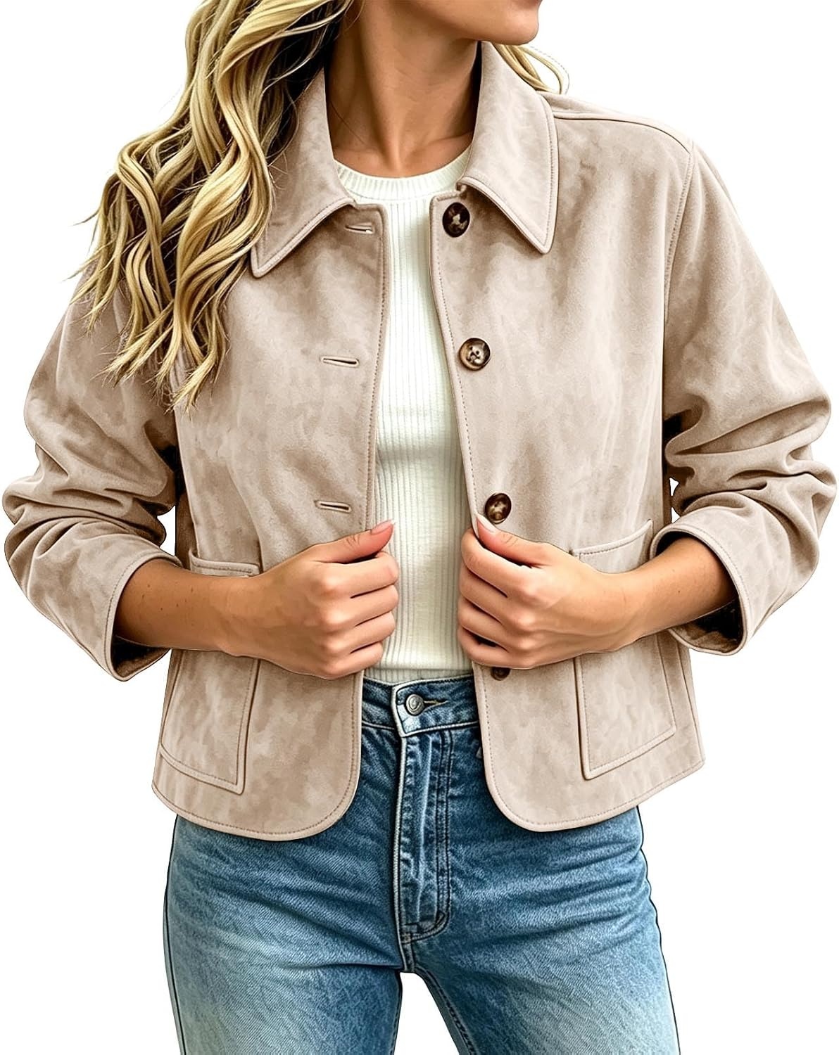 image:imageFall Jackets for Women 2026 Faux Suede Button Up Trendy Coat Dressy CasualBeige