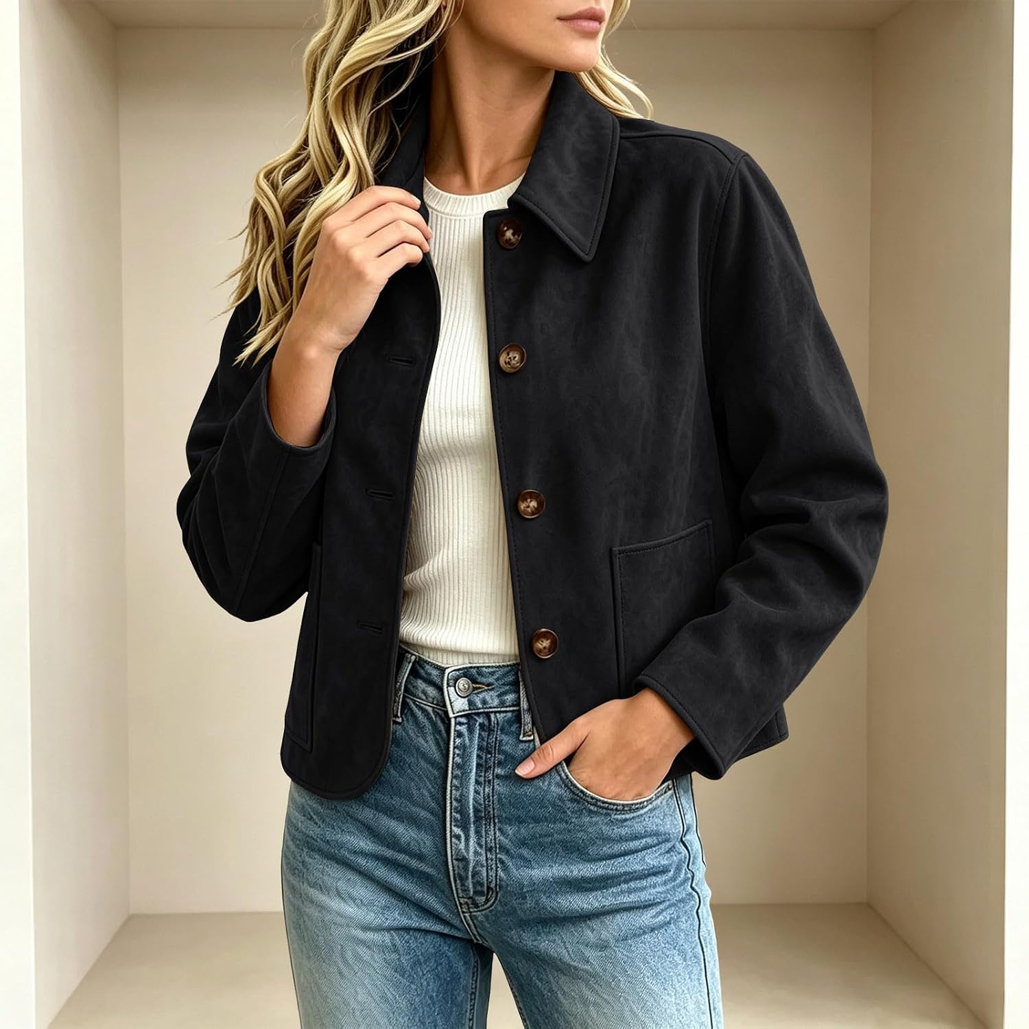 image:imageFall Jackets for Women 2026 Faux Suede Button Up Trendy Coat Dressy CasualBlack