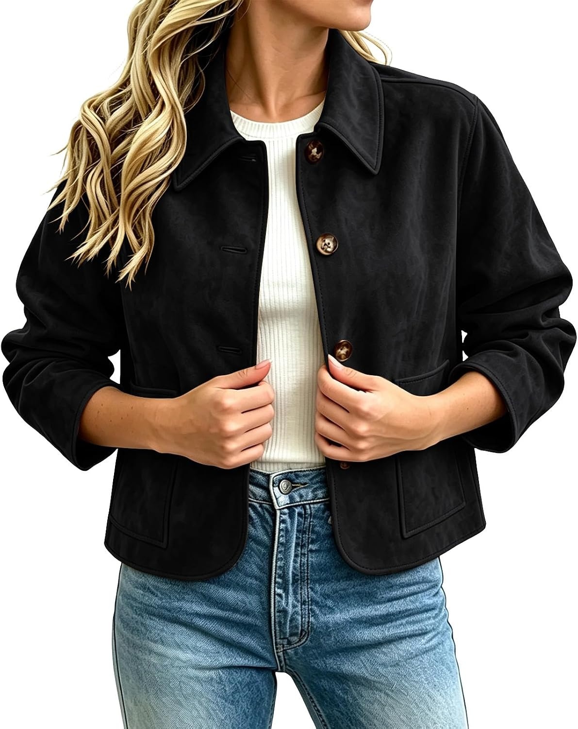 image:imageFall Jackets for Women 2026 Faux Suede Button Up Trendy Coat Dressy CasualBlack