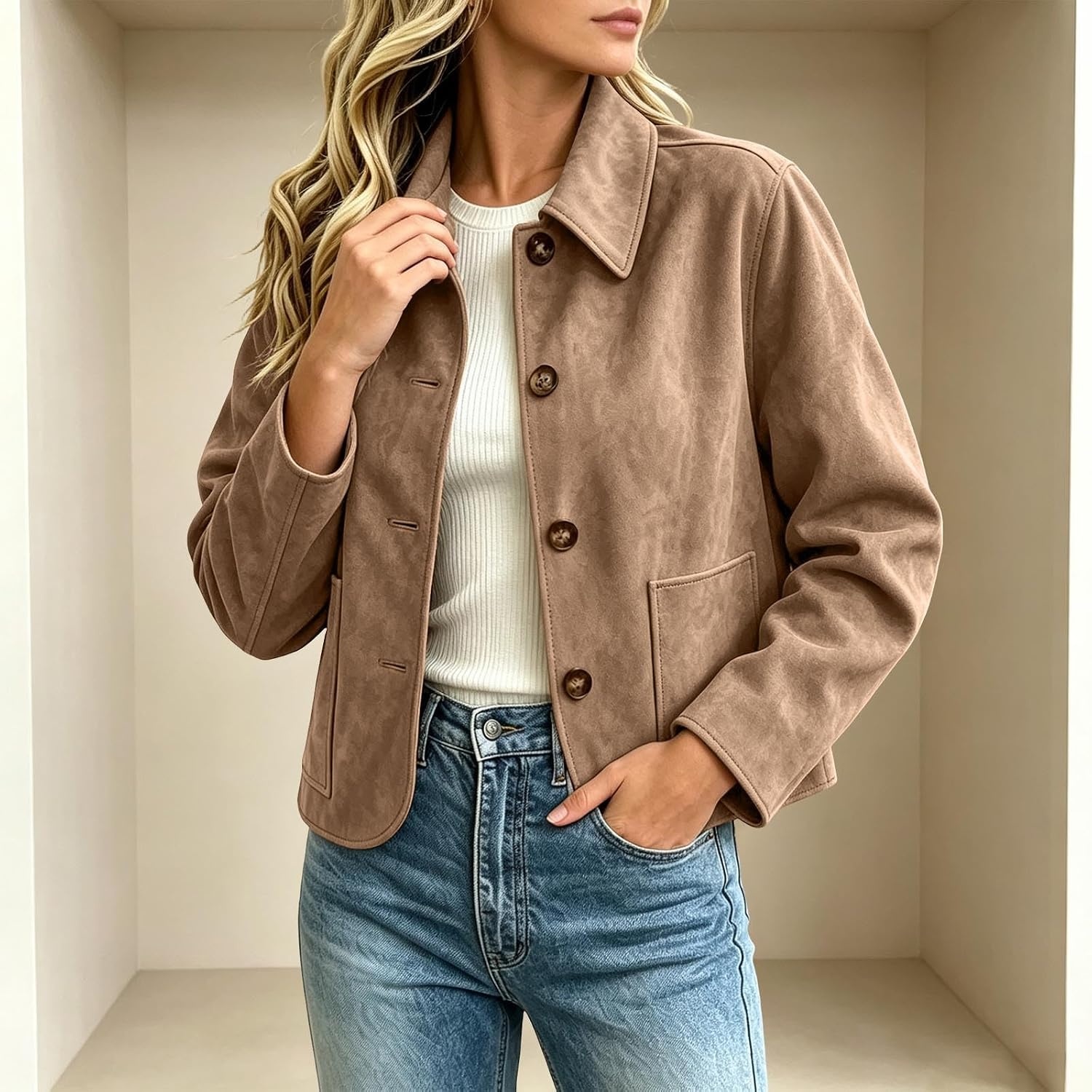 image:imageFall Jackets for Women 2026 Faux Suede Button Up Trendy Coat Dressy CasualKhaki