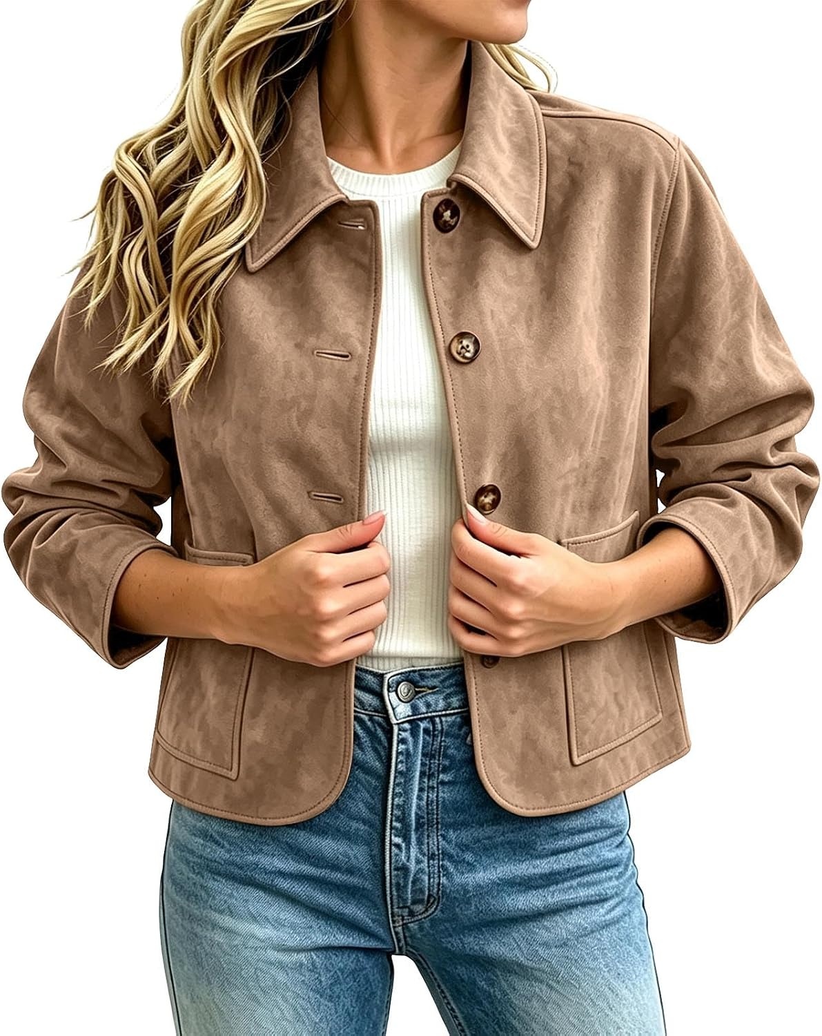 image:imageFall Jackets for Women 2026 Faux Suede Button Up Trendy Coat Dressy CasualKhaki