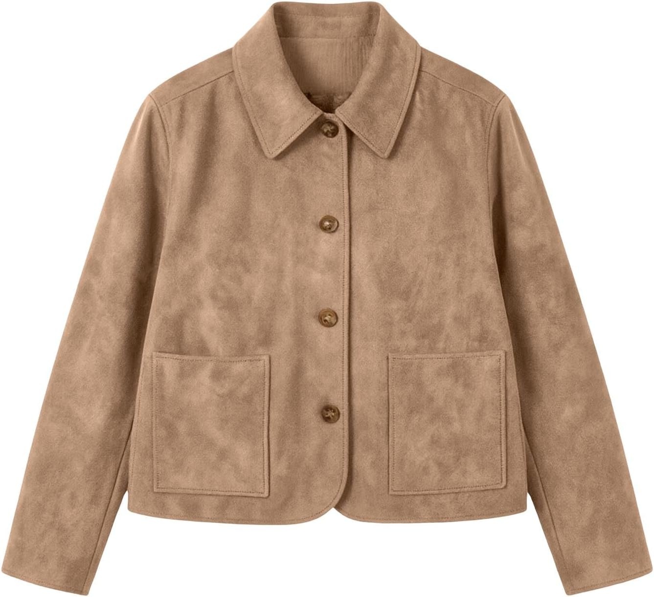 image:imageFall Jackets for Women 2026 Faux Suede Button Up Trendy Coat Dressy CasualKhaki