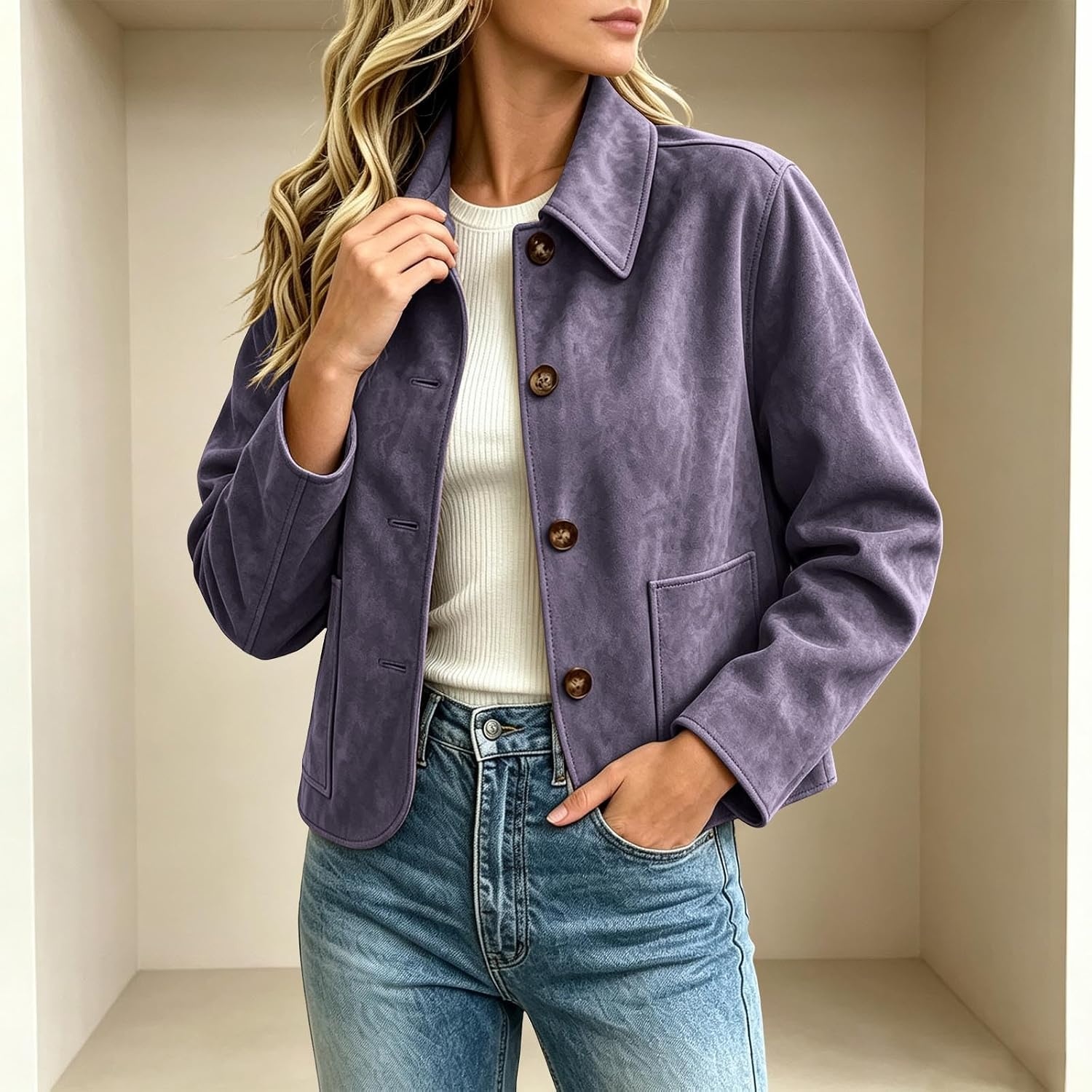 image:imageFall Jackets for Women 2026 Faux Suede Button Up Trendy Coat Dressy CasualPurple