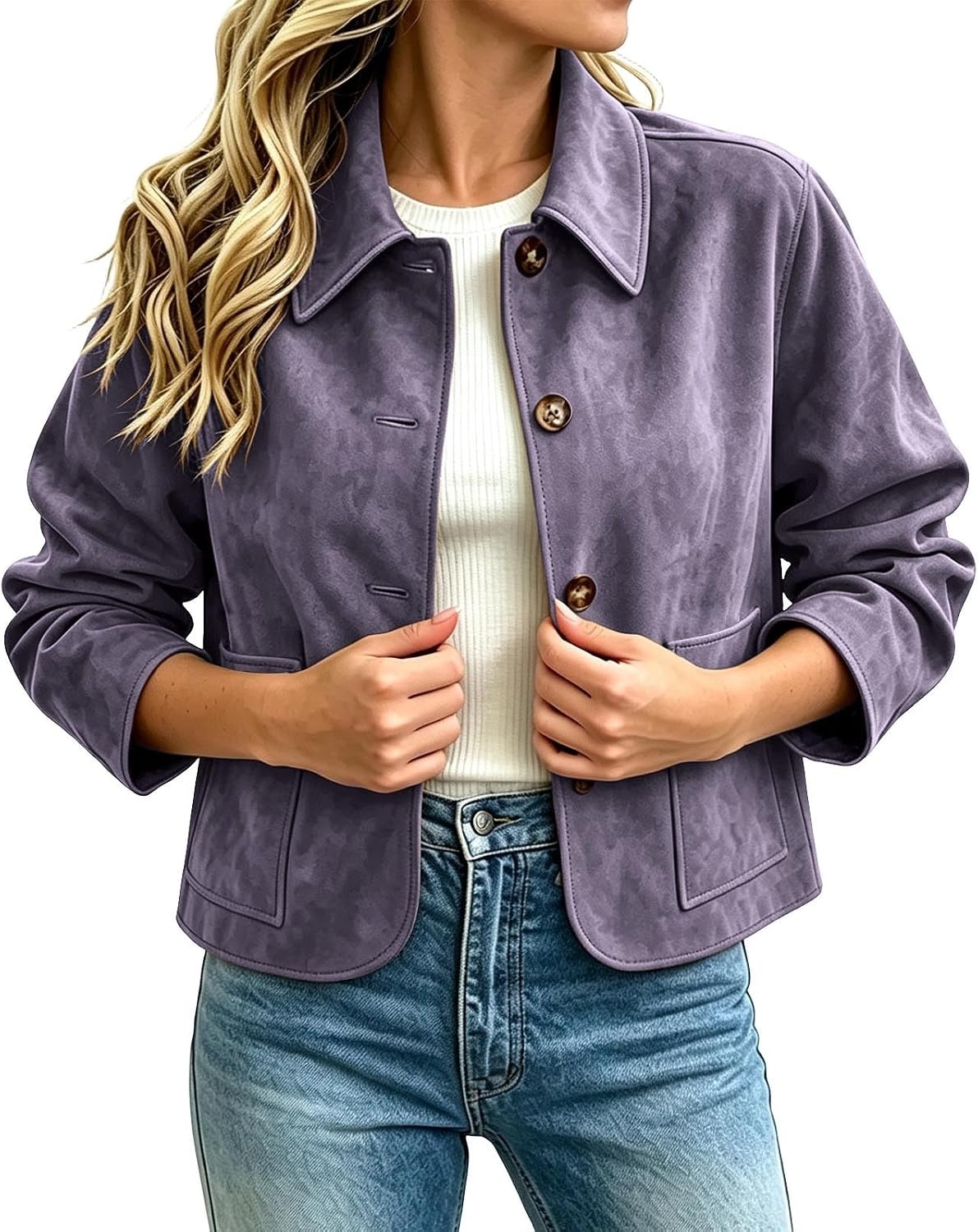 image:imageFall Jackets for Women 2026 Faux Suede Button Up Trendy Coat Dressy CasualPurple