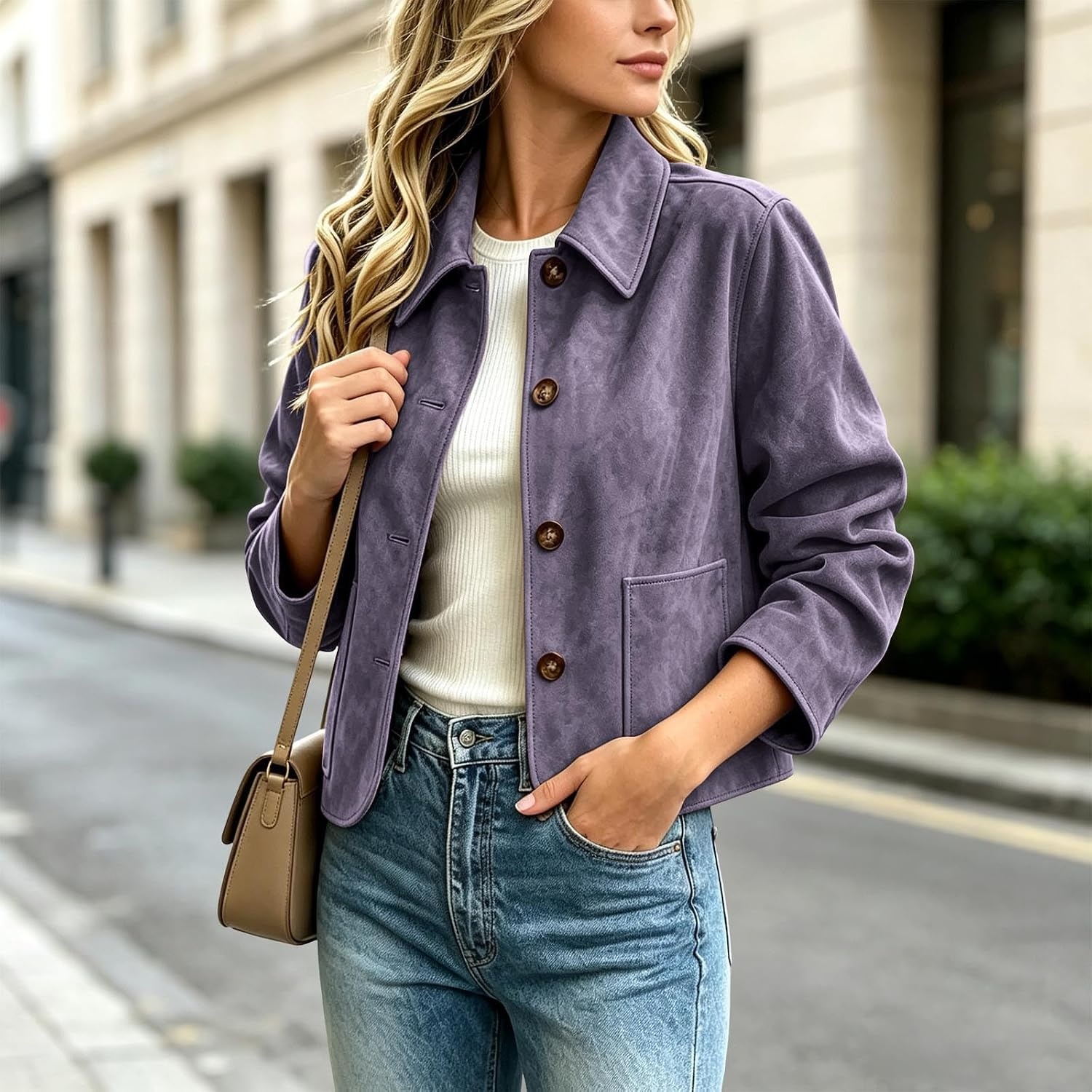 image:imageFall Jackets for Women 2026 Faux Suede Button Up Trendy Coat Dressy CasualPurple