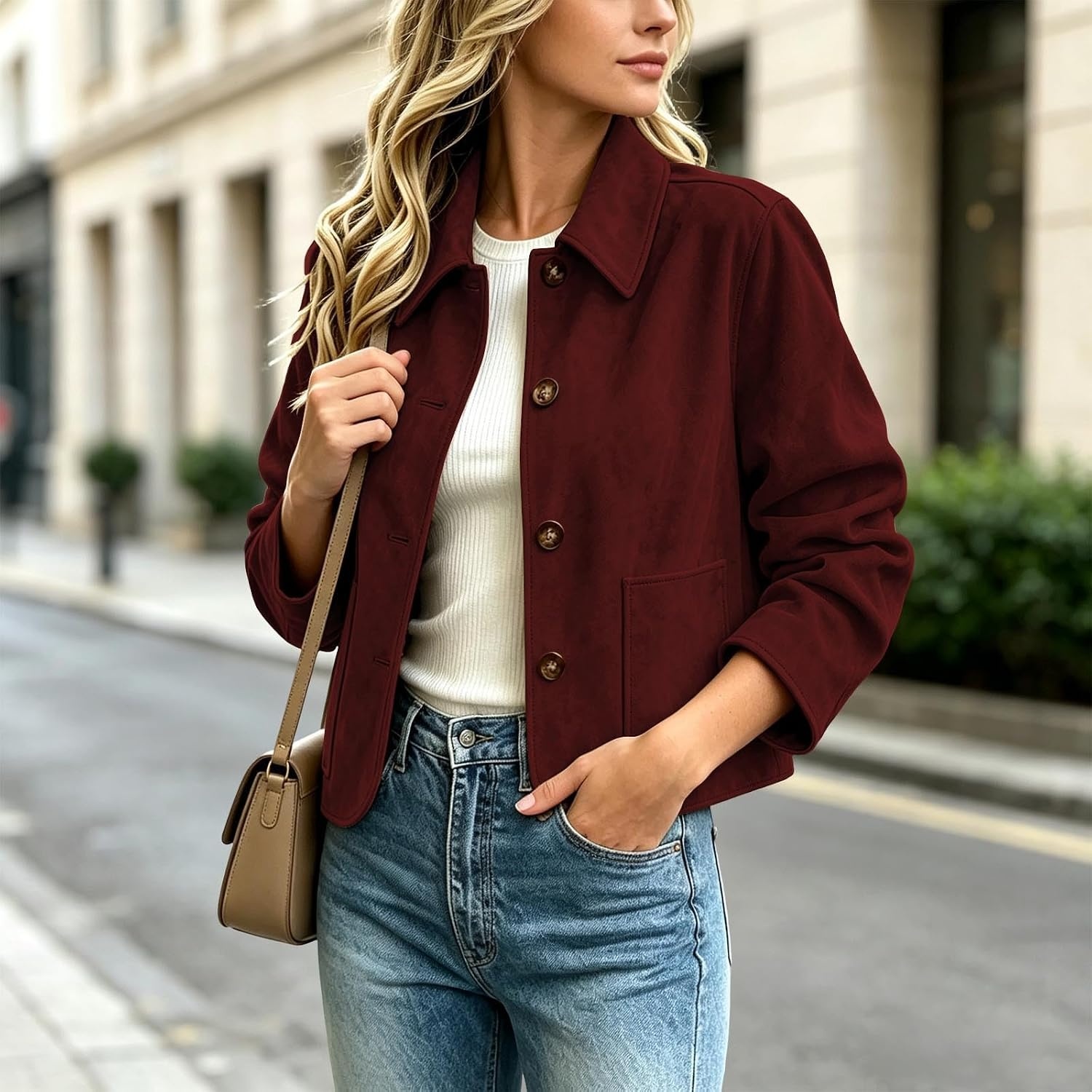 image:imageFall Jackets for Women 2026 Faux Suede Button Up Trendy Coat Dressy CasualWine