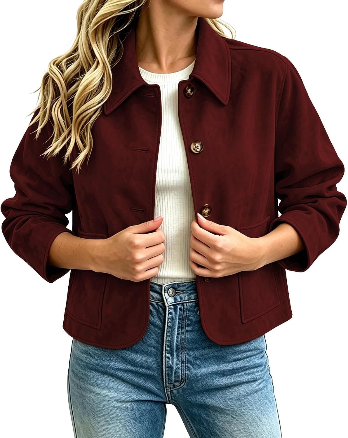 image:imageFall Jackets for Women 2026 Faux Suede Button Up Trendy Coat Dressy CasualWine