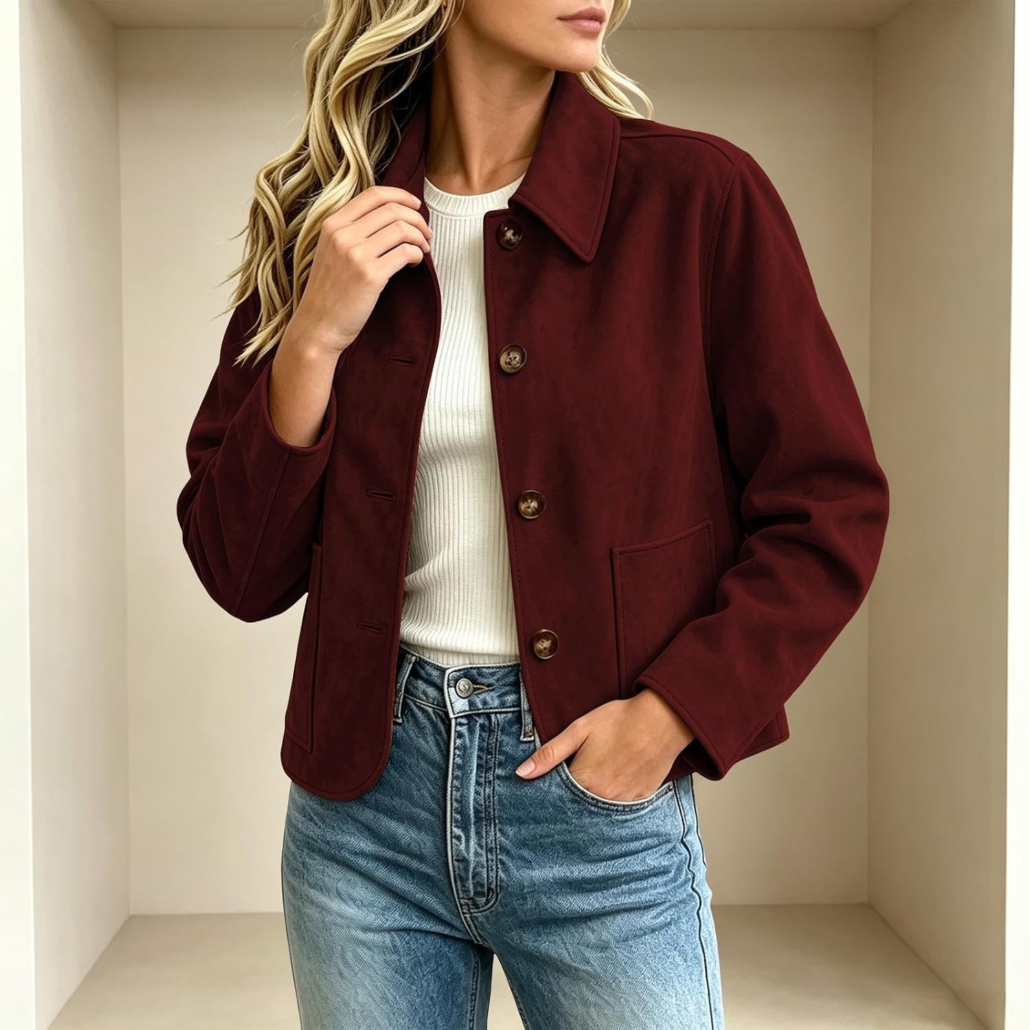 image:imageFall Jackets for Women 2026 Faux Suede Button Up Trendy Coat Dressy CasualWine