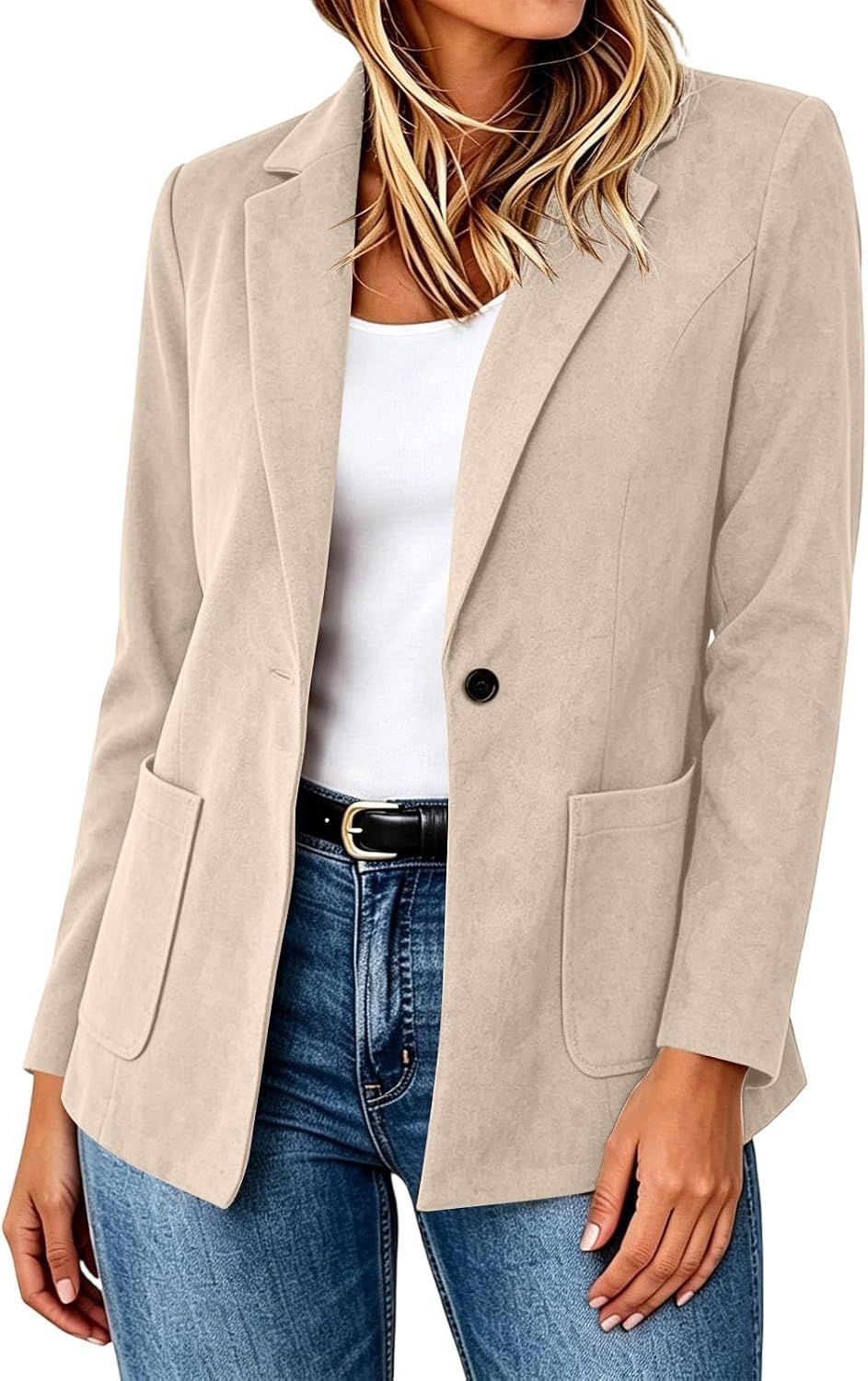 image:imageFaux Suede Blazer for Women 2026 Fall Lapel Collar Button Jackets OuterwearBeige