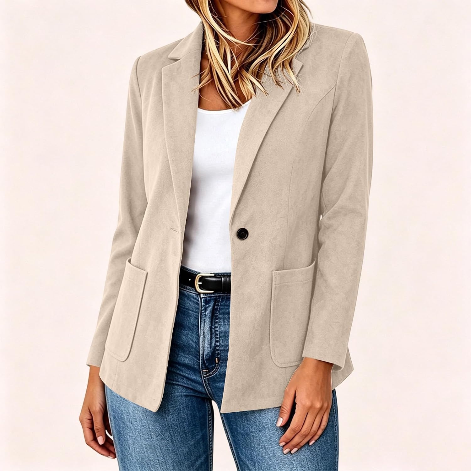 image:imageFaux Suede Blazer for Women 2026 Fall Lapel Collar Button Jackets OuterwearBeige