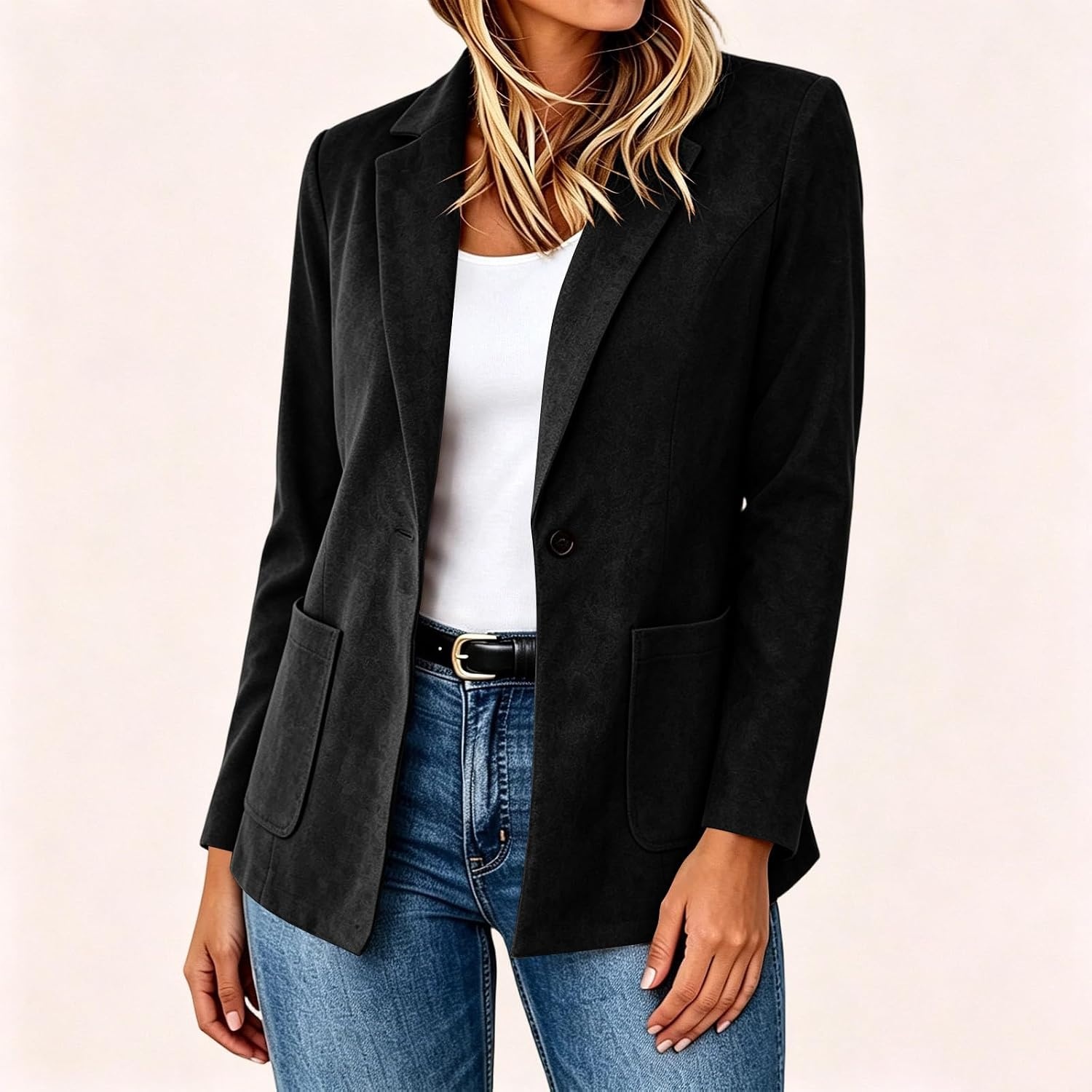 image:imageFaux Suede Blazer for Women 2026 Fall Lapel Collar Button Jackets OuterwearBlack