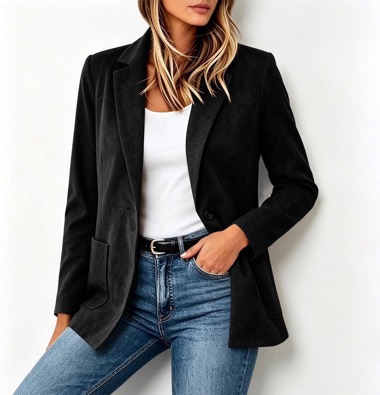 image:imageFaux Suede Blazer for Women 2026 Fall Lapel Collar Button Jackets OuterwearBlack
