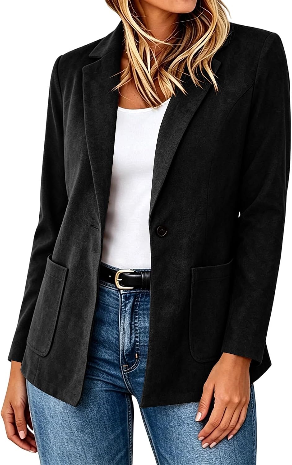image:imageFaux Suede Blazer for Women 2026 Fall Lapel Collar Button Jackets OuterwearBlack