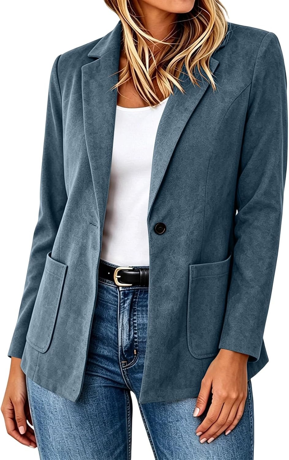 image:imageFaux Suede Blazer for Women 2026 Fall Lapel Collar Button Jackets OuterwearBlue