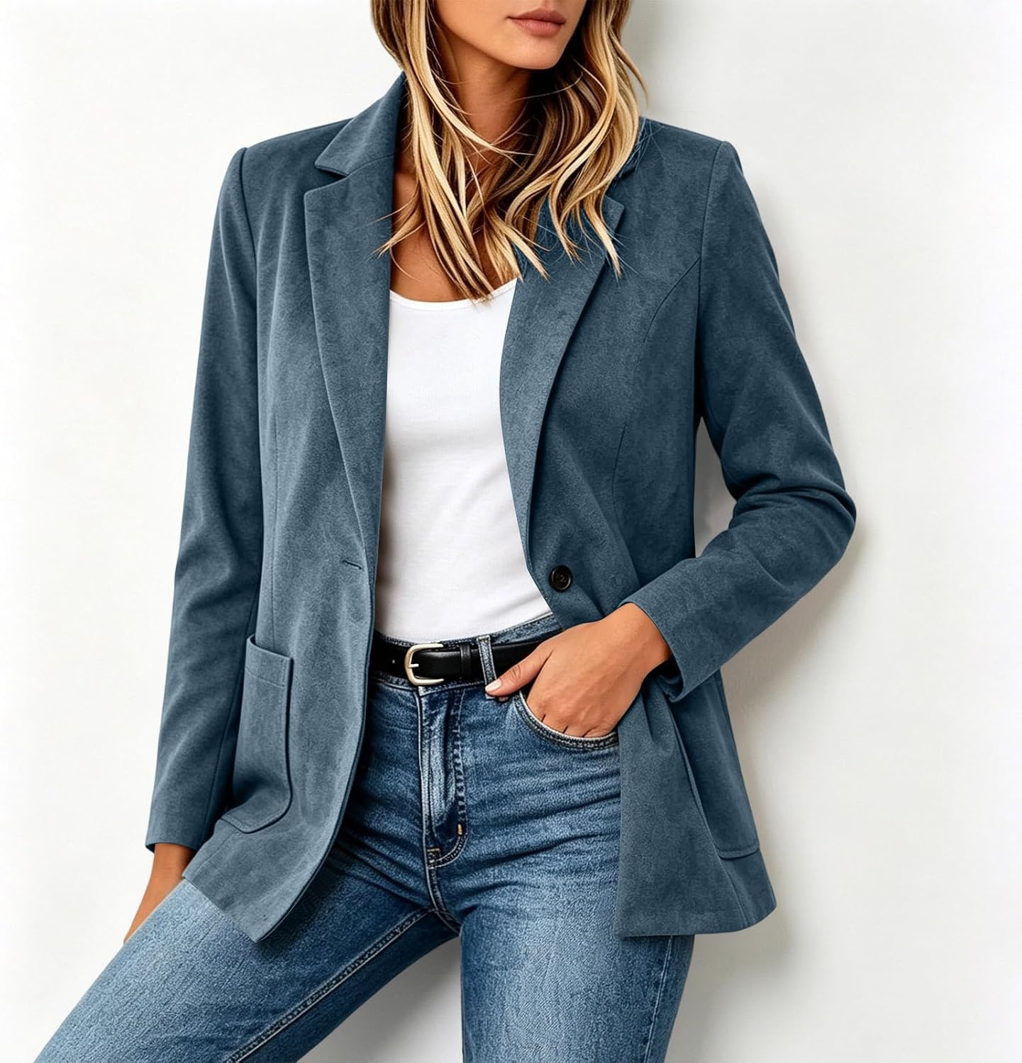 image:imageFaux Suede Blazer for Women 2026 Fall Lapel Collar Button Jackets OuterwearBlue