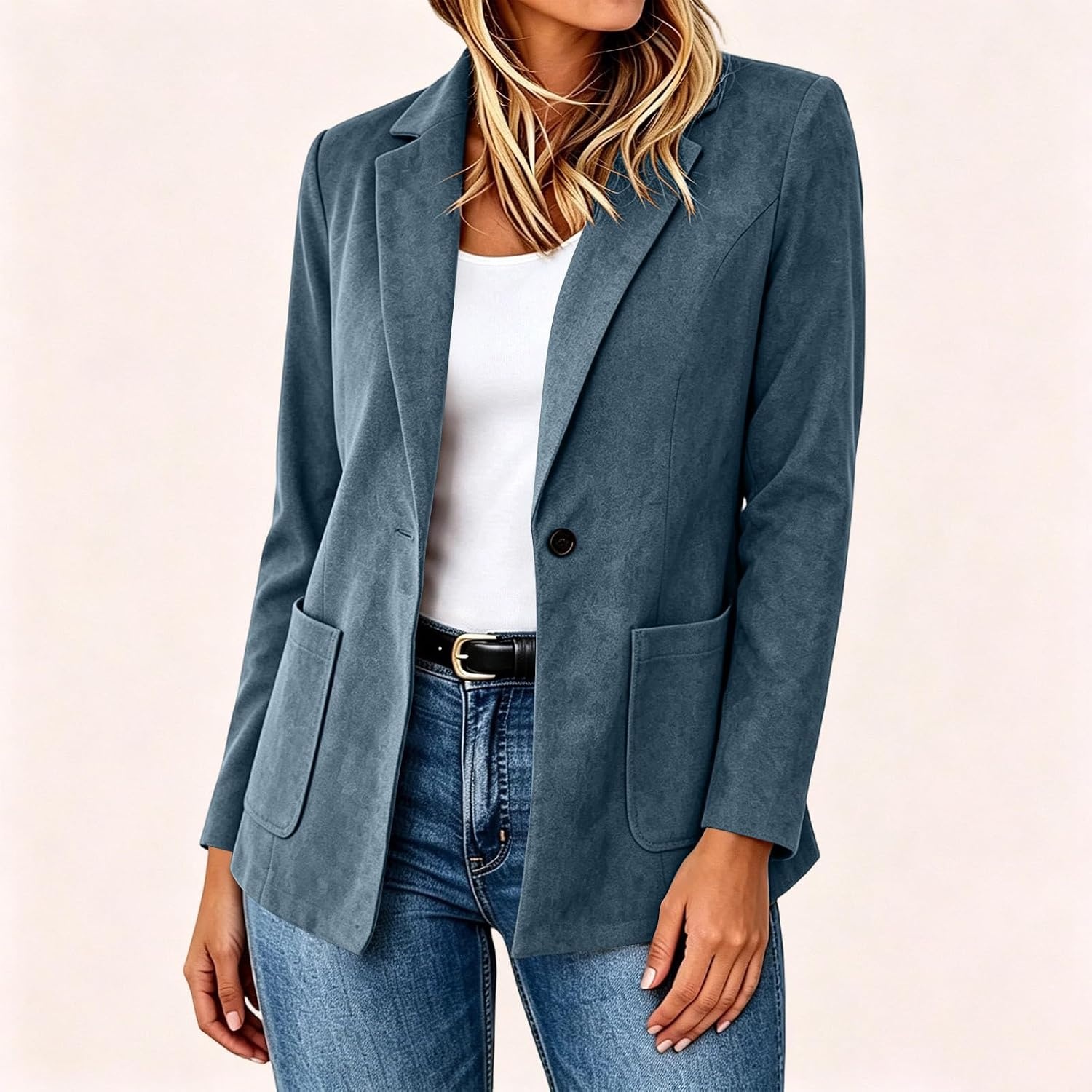 image:imageFaux Suede Blazer for Women 2026 Fall Lapel Collar Button Jackets OuterwearBlue