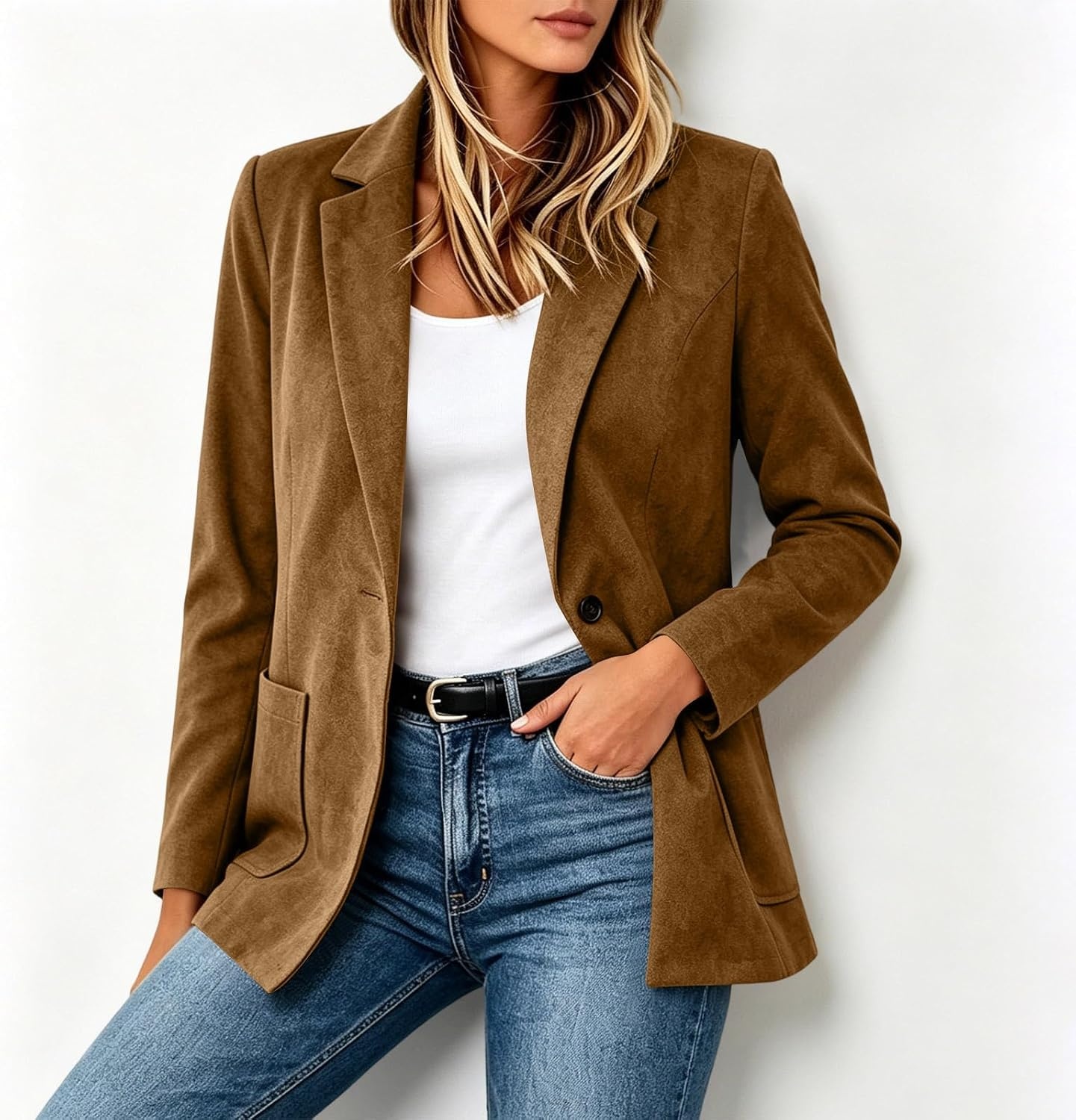 image:imageFaux Suede Blazer for Women 2026 Fall Lapel Collar Button Jackets OuterwearCoffee