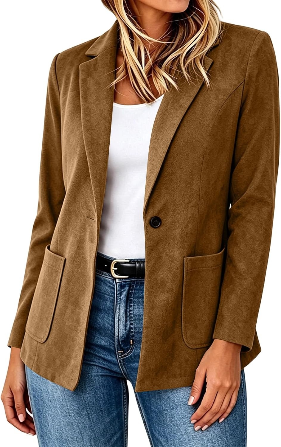 image:imageFaux Suede Blazer for Women 2026 Fall Lapel Collar Button Jackets OuterwearCoffee