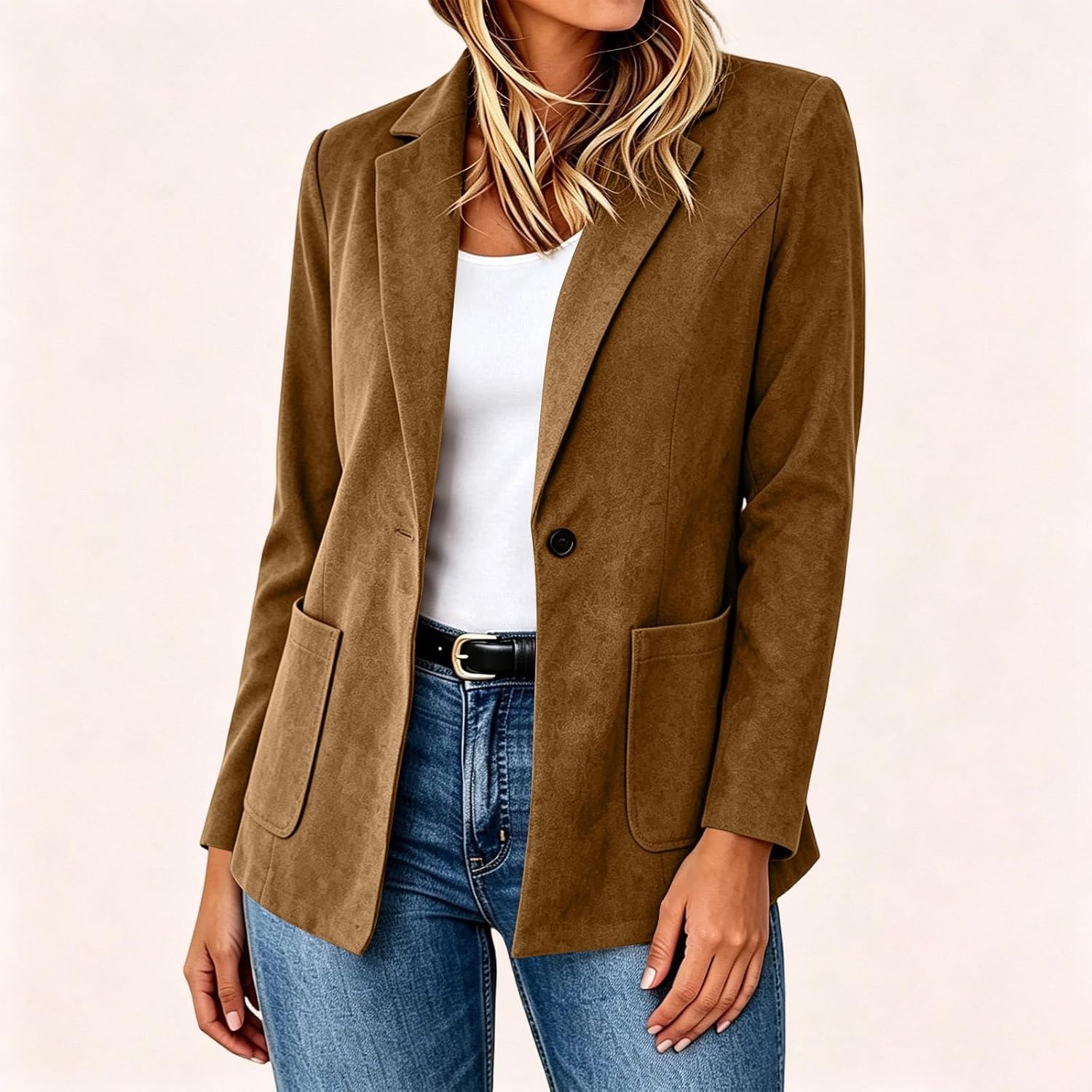 image:imageFaux Suede Blazer for Women 2026 Fall Lapel Collar Button Jackets OuterwearCoffee