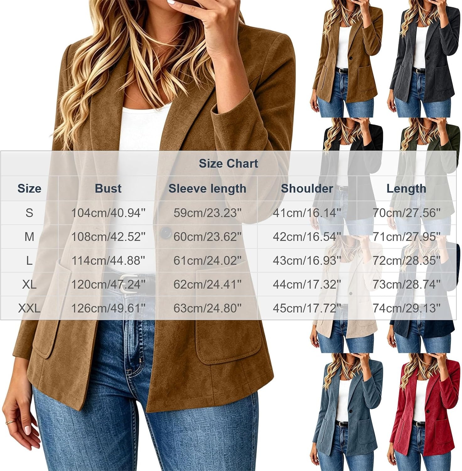 image:imageFaux Suede Blazer for Women 2026 Fall Lapel Collar Button Jackets OuterwearNavy