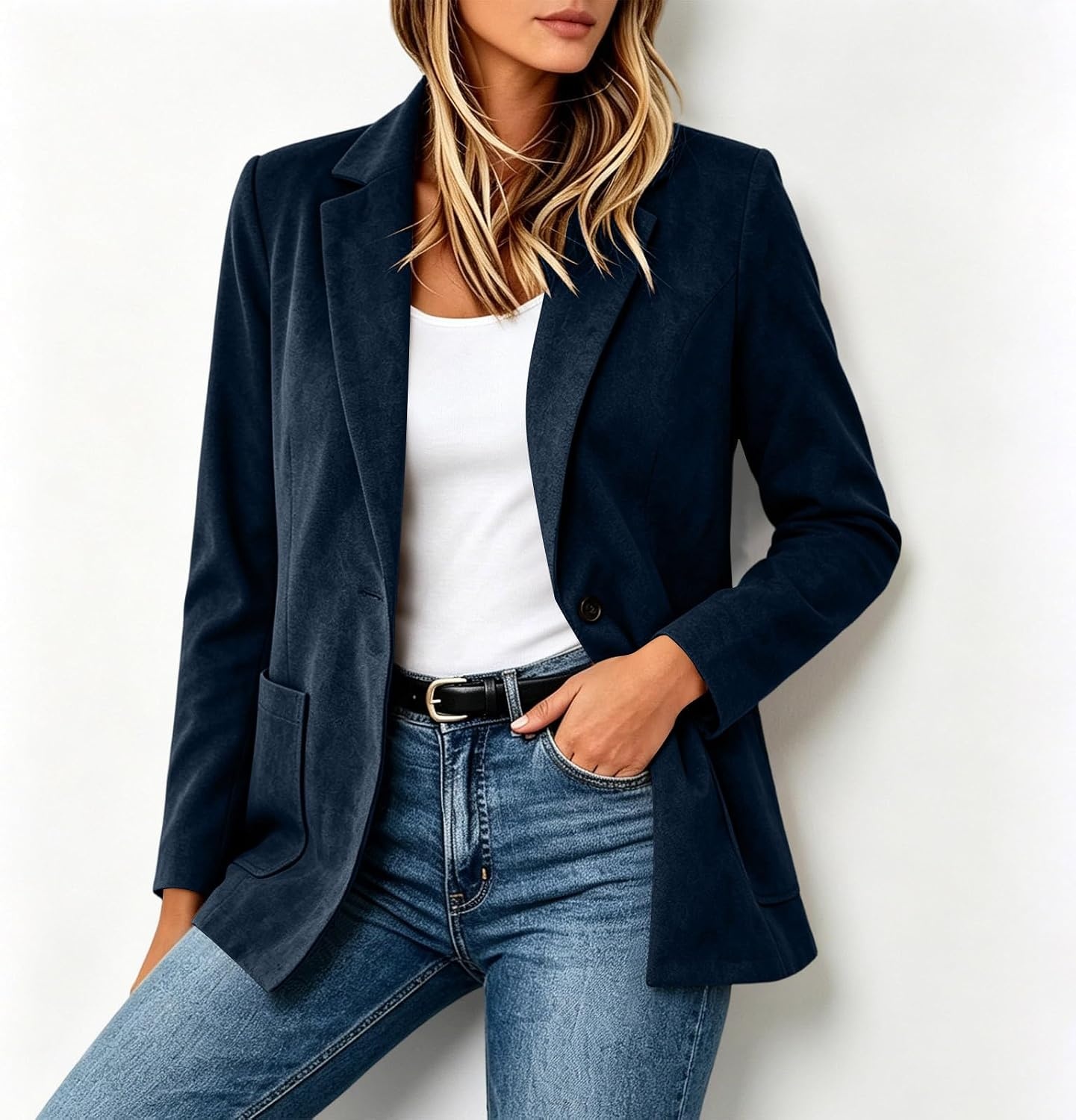 image:imageFaux Suede Blazer for Women 2026 Fall Lapel Collar Button Jackets OuterwearNavy