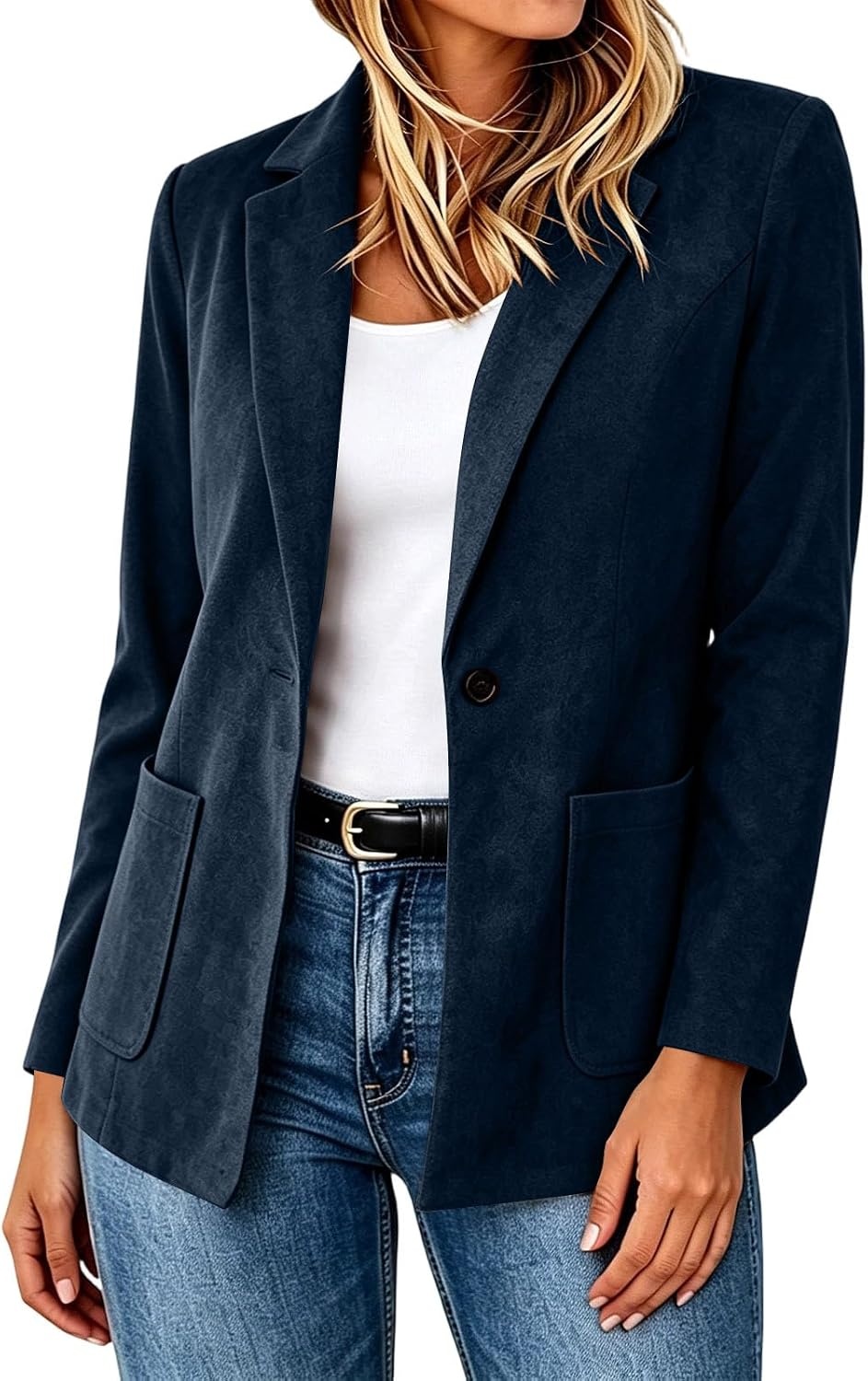 image:imageFaux Suede Blazer for Women 2026 Fall Lapel Collar Button Jackets OuterwearNavy