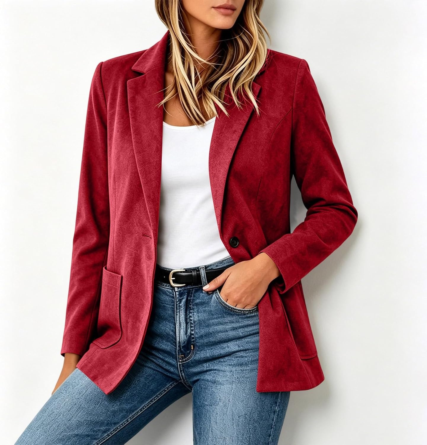 image:imageFaux Suede Blazer for Women 2026 Fall Lapel Collar Button Jackets OuterwearRed