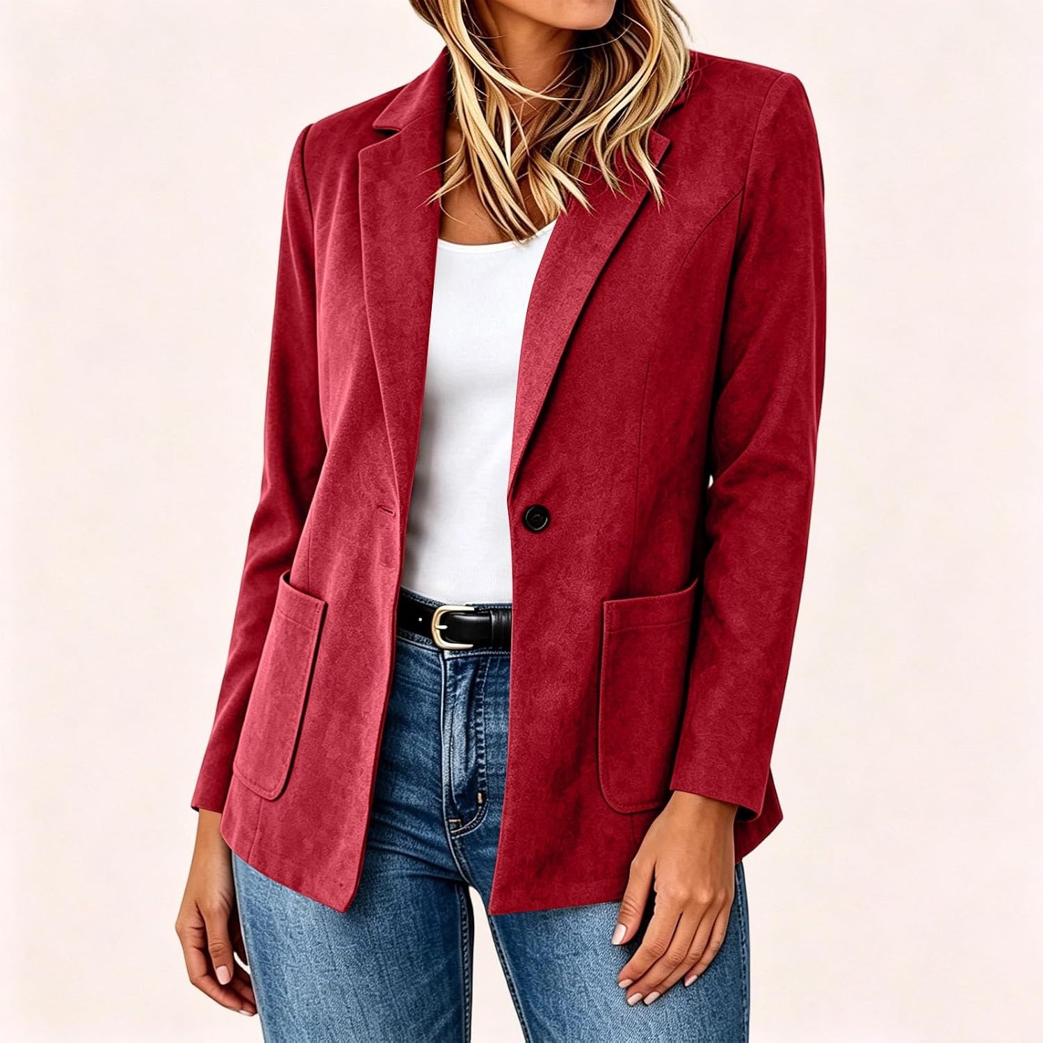 image:imageFaux Suede Blazer for Women 2026 Fall Lapel Collar Button Jackets OuterwearRed