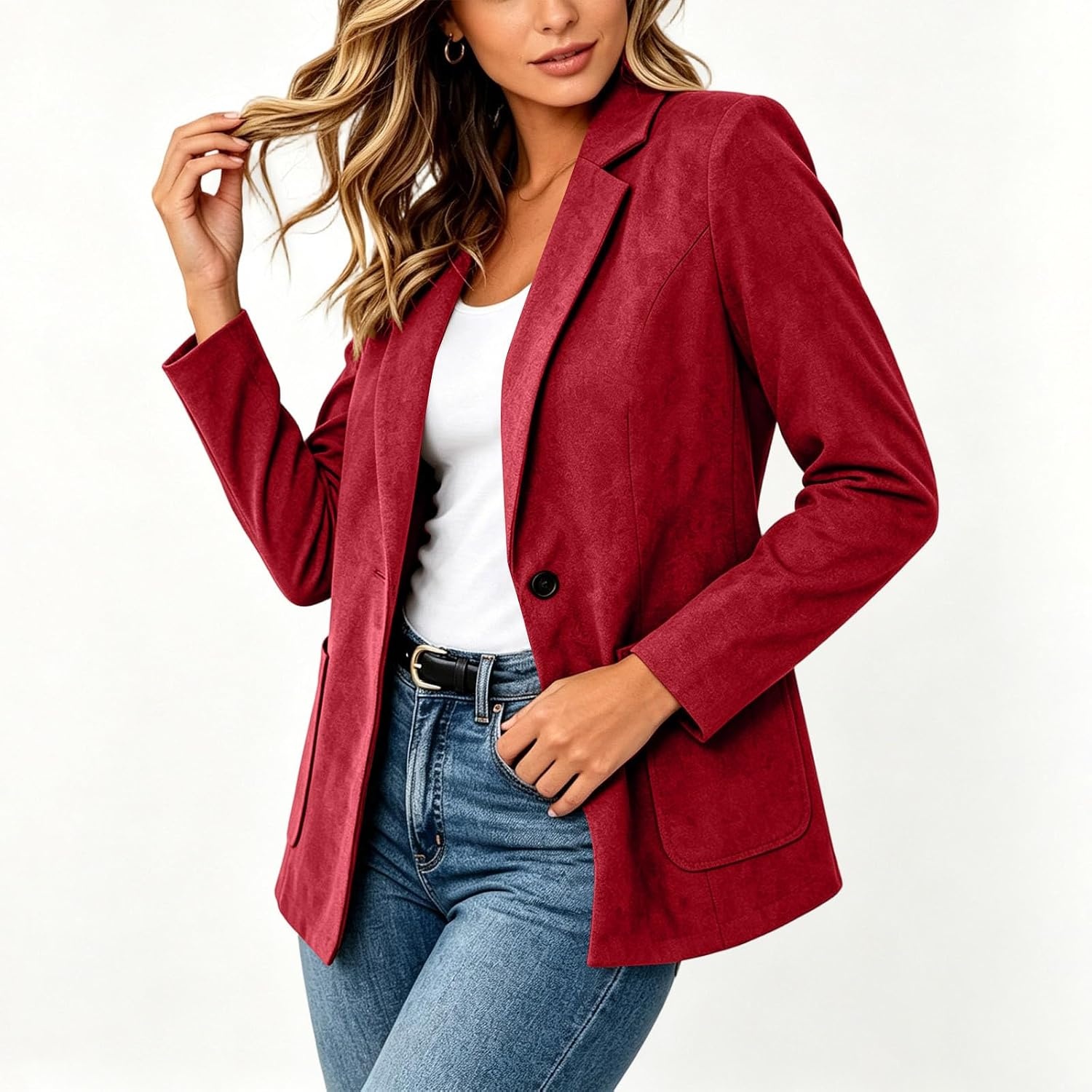 image:imageFaux Suede Blazer for Women 2026 Fall Lapel Collar Button Jackets OuterwearRed