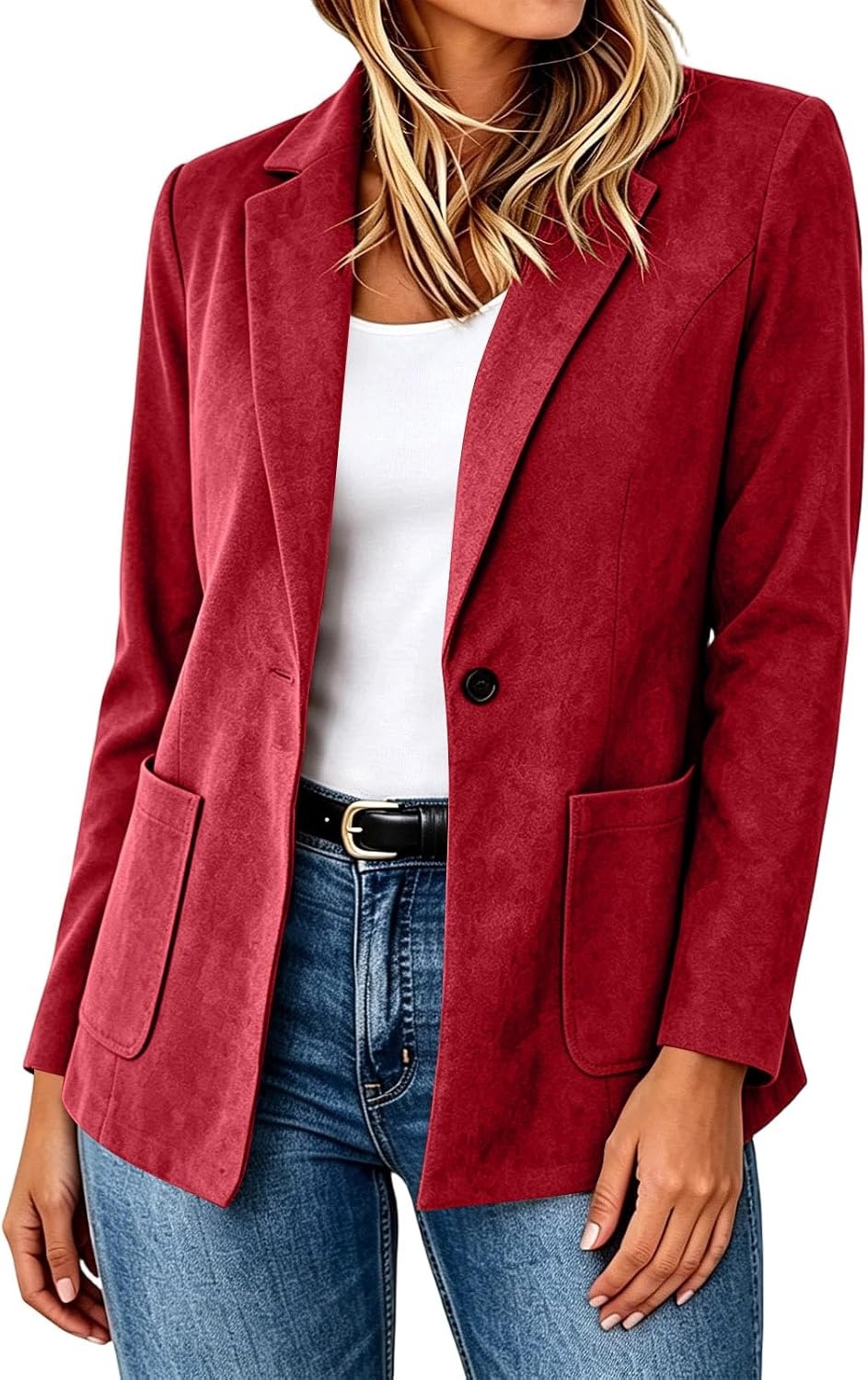 image:imageFaux Suede Blazer for Women 2026 Fall Lapel Collar Button Jackets OuterwearRed