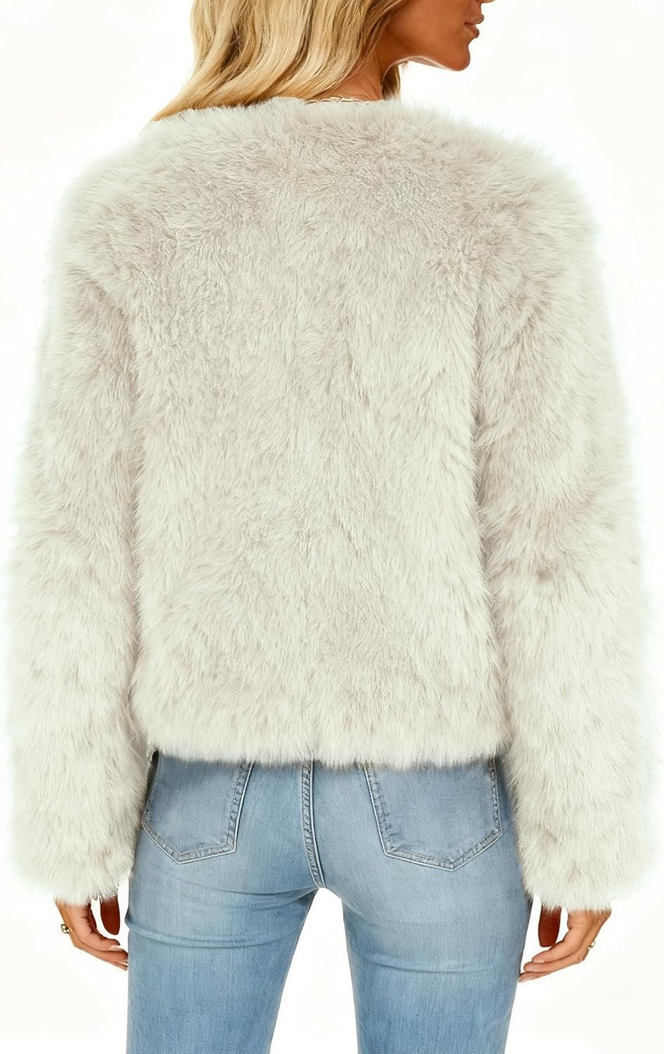 image:imageFunlingo Womens Faux Fur Coat Winter Warm Cropped Jacket Trendy Long Sleeve Crew Neck Zip Up OuterwearBeige