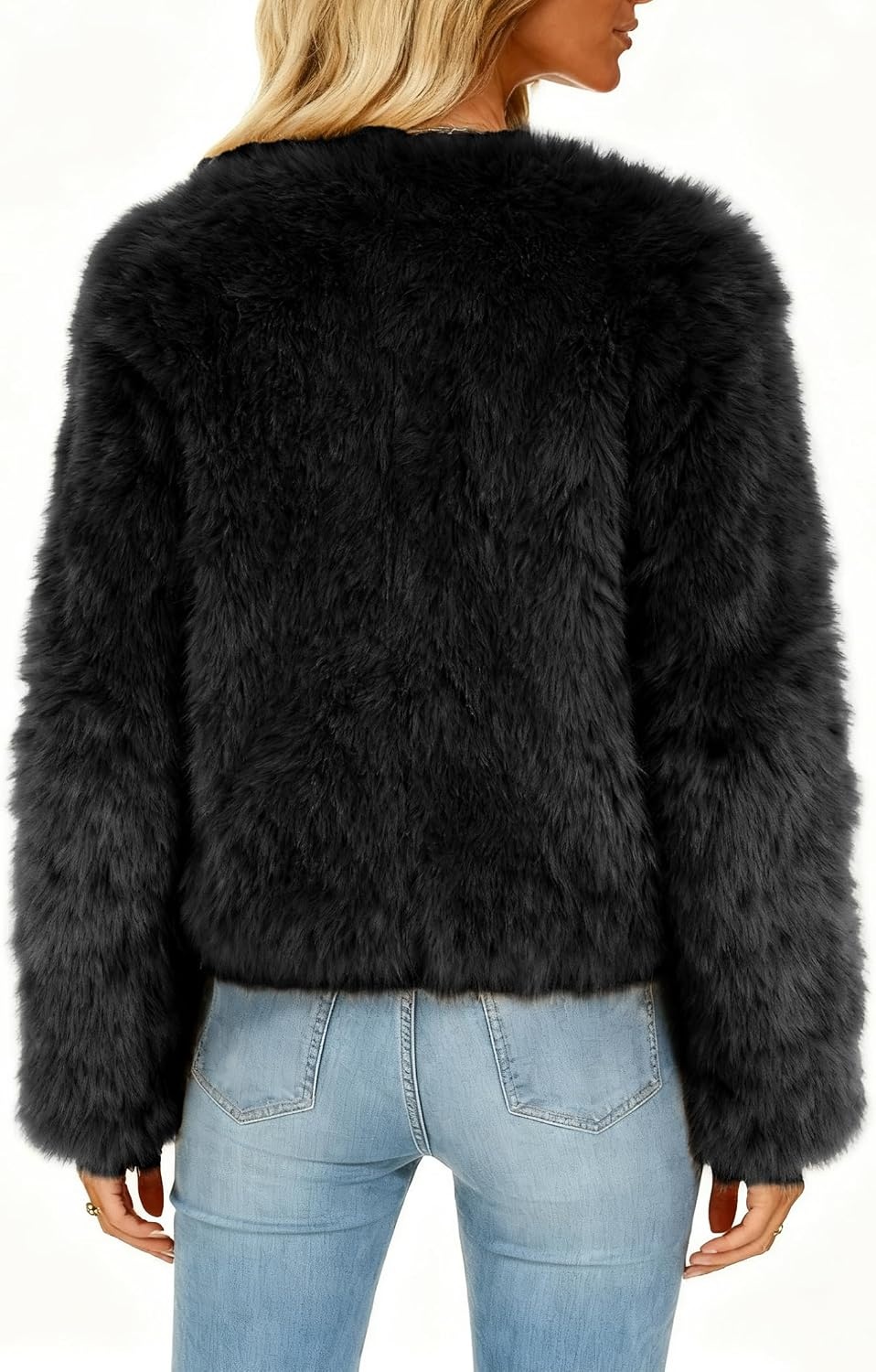 image:imageFunlingo Womens Faux Fur Coat Winter Warm Cropped Jacket Trendy Long Sleeve Crew Neck Zip Up OuterwearBlack