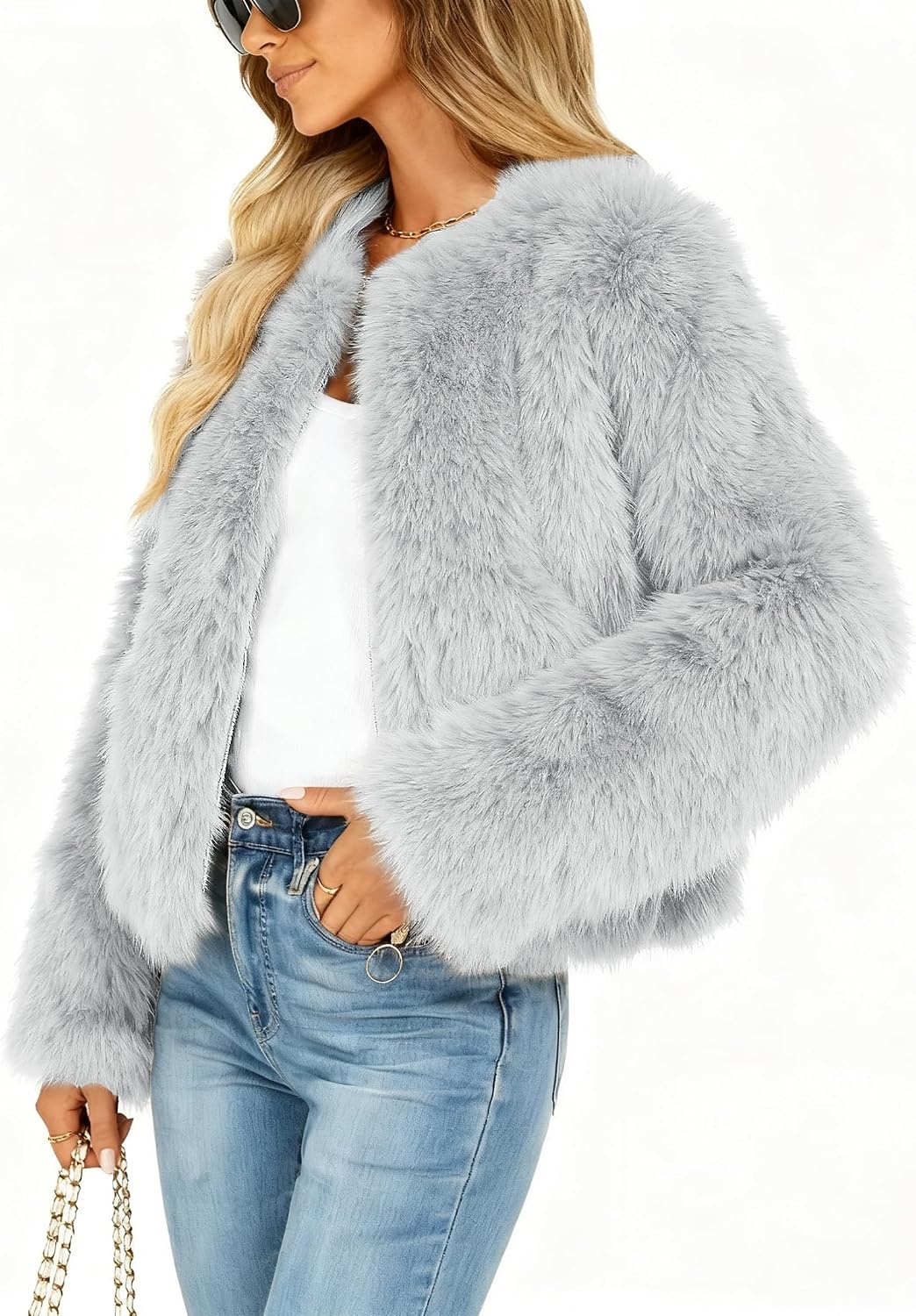 image:imageFunlingo Womens Faux Fur Coat Winter Warm Cropped Jacket Trendy Long Sleeve Crew Neck Zip Up OuterwearGrey